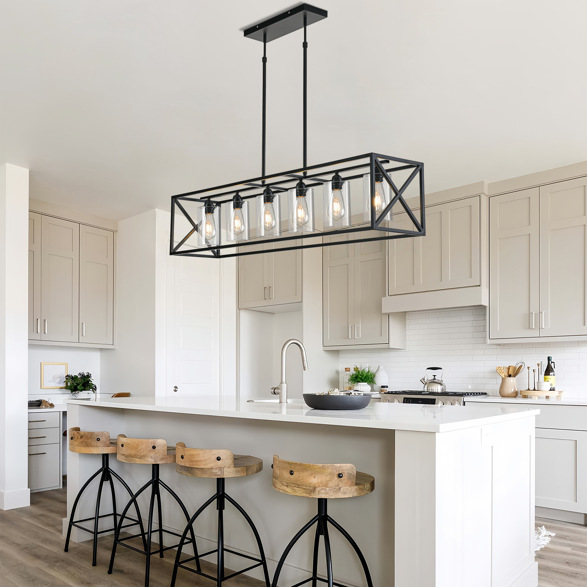 thumbnail video image 2 of 6 Light Gold Rubbed Bronze Dining Room Light Fixture Modern Farmhouse Chandelier Over Table Rectangle Kitchen Island Pendant Lighting Linear Chandelier Living Room Hanging Light Adjustable Height, 2 of 7