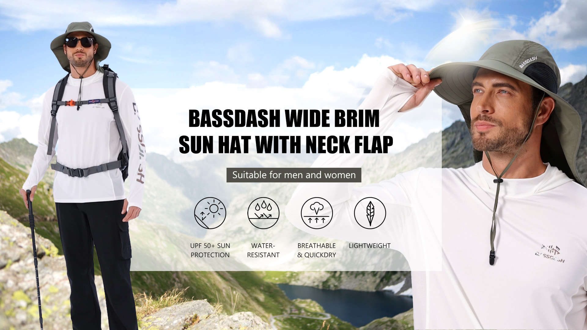 thumbnail video image 2 of Bassdash UPF 50+ Unisex Water Resistant Wide Brim Sun Hat with Large Neck Flap Ponytail Fishing Hat for Men Women, 2 of 8
