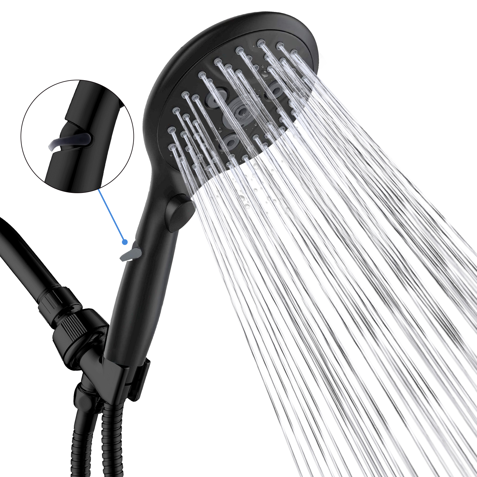 thumbnail video image 2 of VXV Bathroom Handheld Shower Head with on off Switch, 6 Spray Setting Removable High Pressure Showerheads with 6 FT Stainless steel Hose and Adjustable Angle Bracket(Matte Black), 2 of 7