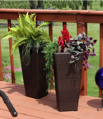 thumbnail video image 2 of Sunnydaze 11" x 11" x 24" Square Black Polyrattan Outdoor Planter with Liner 2-Count, 2 of 12