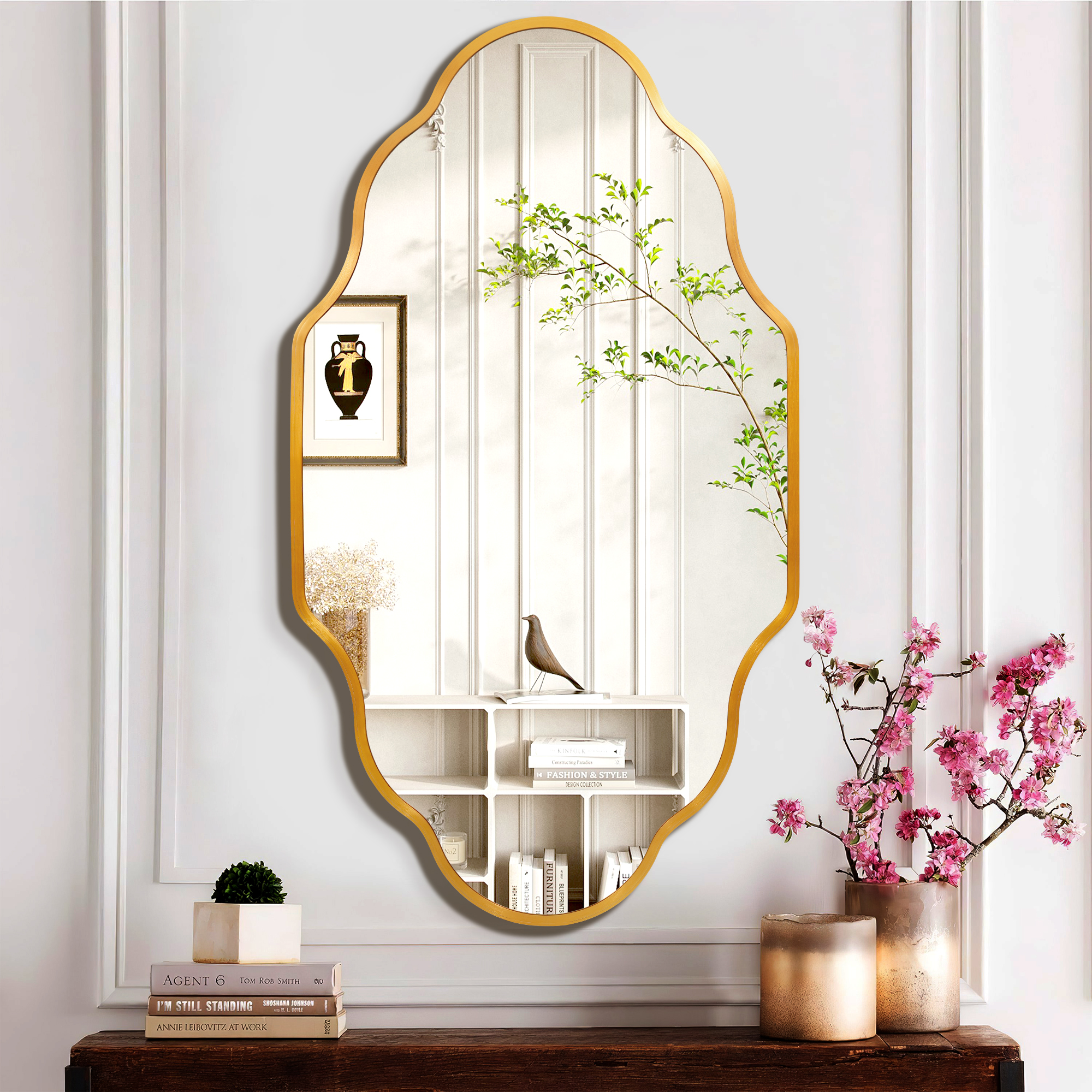 thumbnail video image 2 of TEWLOSS Scalloped Bathroom Mirrors Wall Mirror, 36"x20" Gold Aluminum Frame, 2 of 9