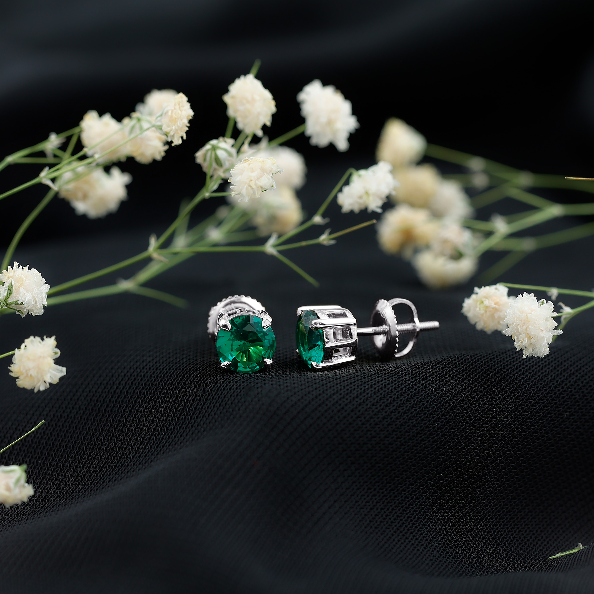 thumbnail video image 2 of Rosec Jewels Created Emerald Solitaire Stud Earrings, Screw Back Earrings (6 mm), 14K White Gold, 2 of 8