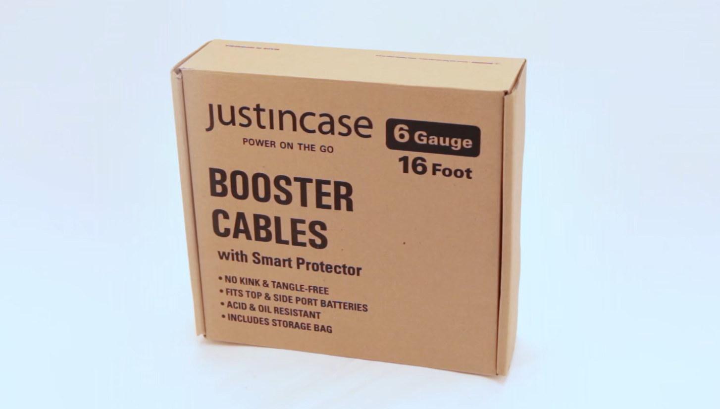 thumbnail video image 2 of Justin Case Smart 16 Foot 6 Gauge Heavy-Duty Jumper Cables with Integrated Voltage Meter, 2 of 6