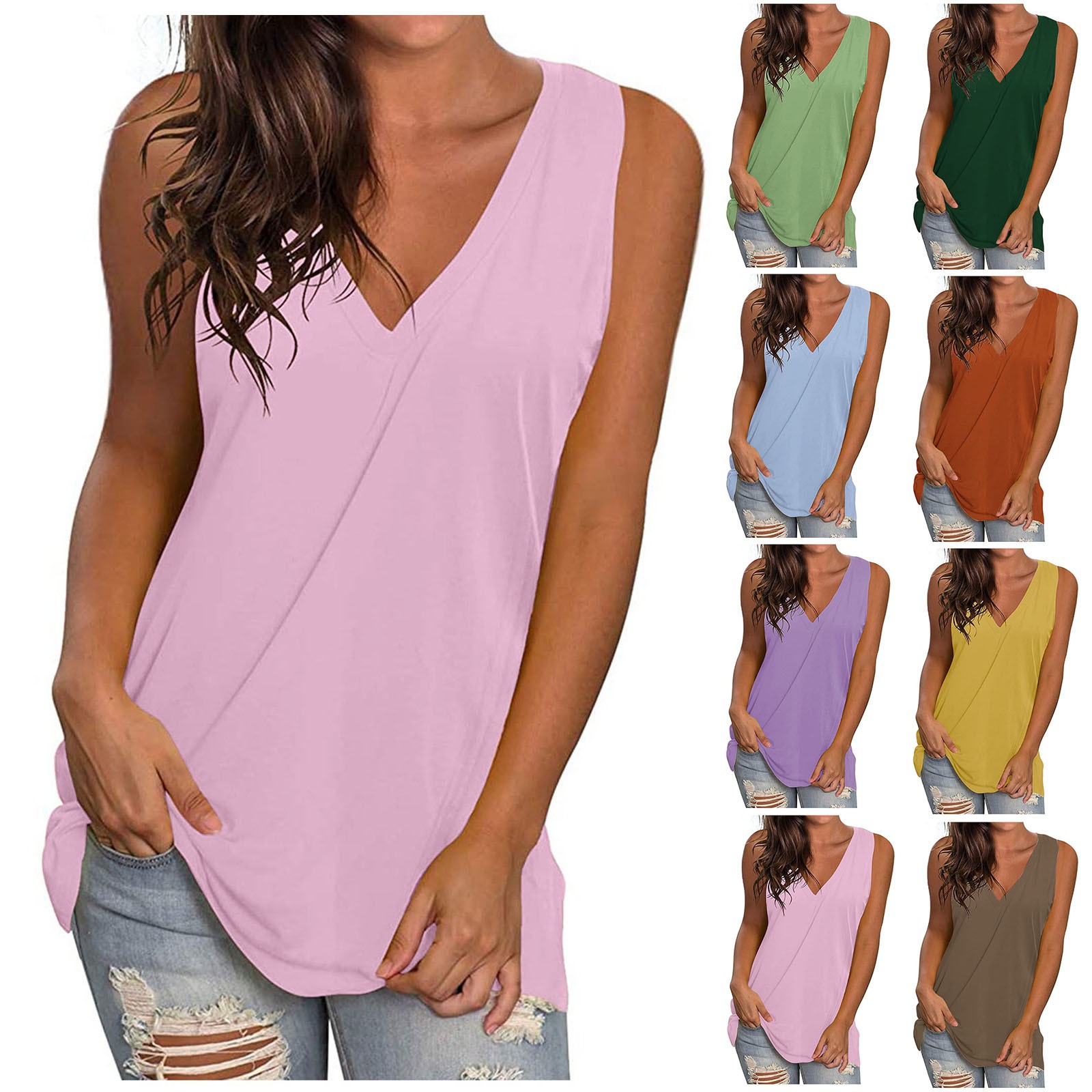 thumbnail video image 2 of WREESH Womens Tank Tops Casual Solid V-Neck Gradient Sleeveness Tops Loose Blouses Yellow, 2 of 6