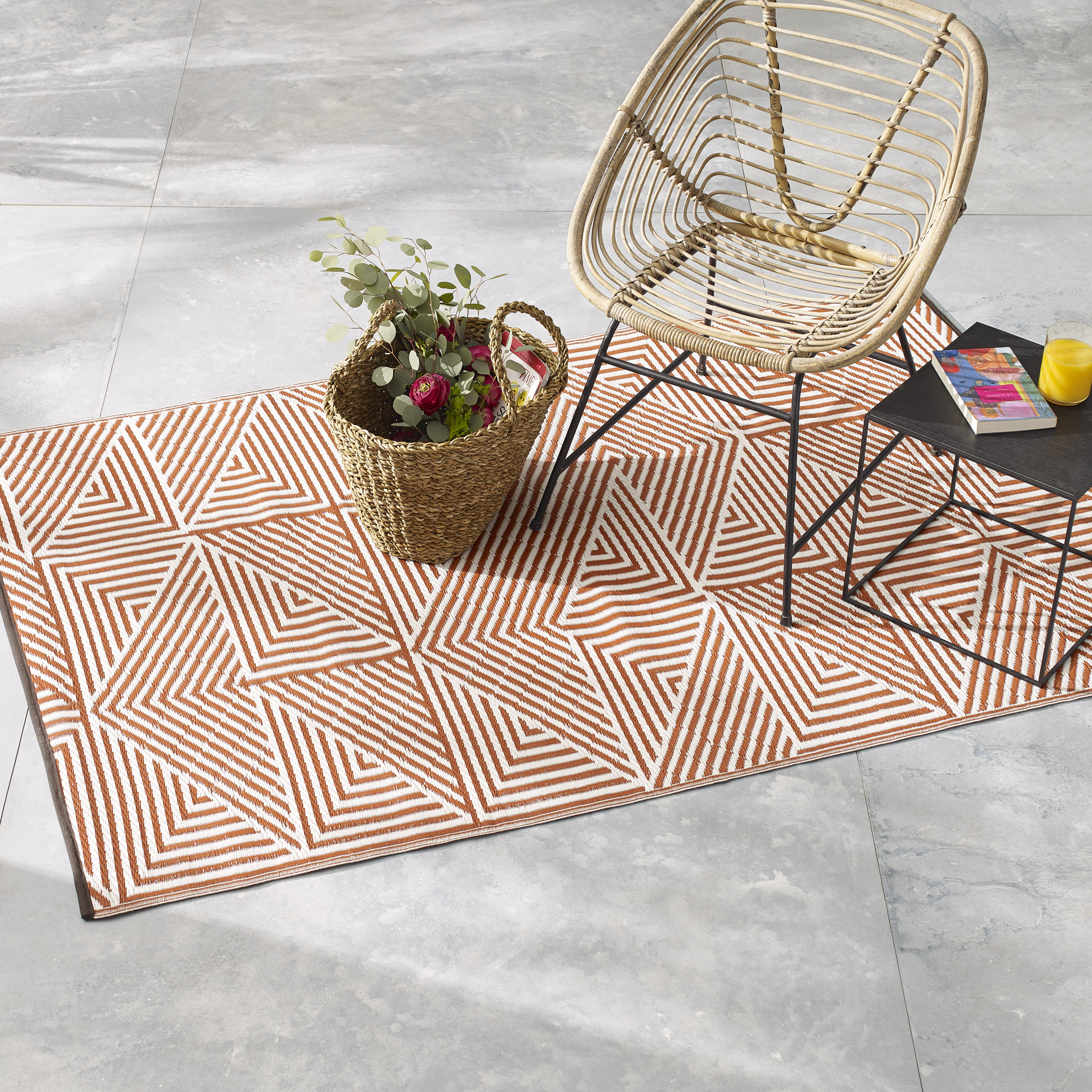 thumbnail video image 2 of Fab Habitat Outdoor Rug - Waterproof, Fade Resistant, Crease-Free - Premium Recycled Plastic - Modern Geometric - Porch, Deck, Balcony, Mudroom, Laundry Room, Patio - Tokyo - Burnt Orange - 3 x 5 ft, 2 of 10