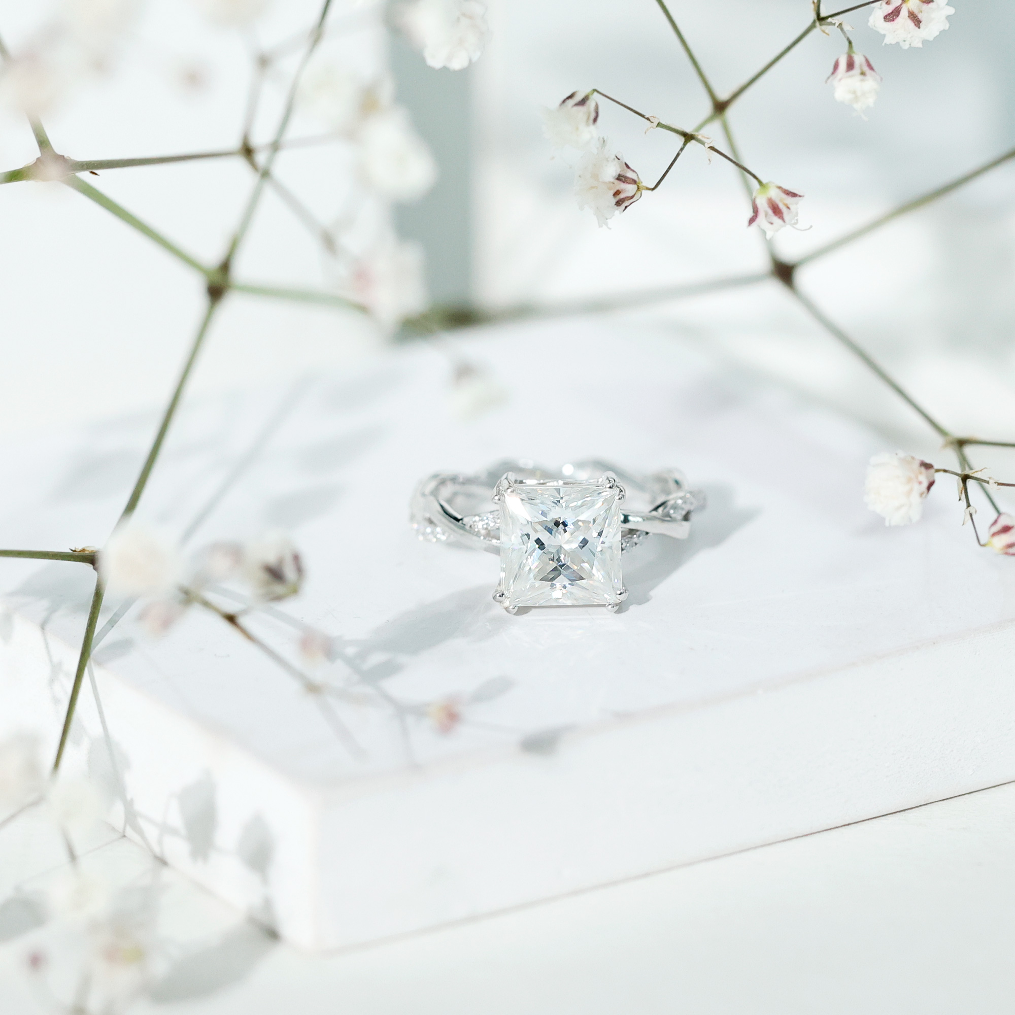 thumbnail video image 2 of Rosec Jewels - 925 Sterling Silver Engagement Ring - 3 Carat Princess Cut Moissanite Ring (8 mm, D-VS1 Quality Certified), US 5.00, 2 of 9