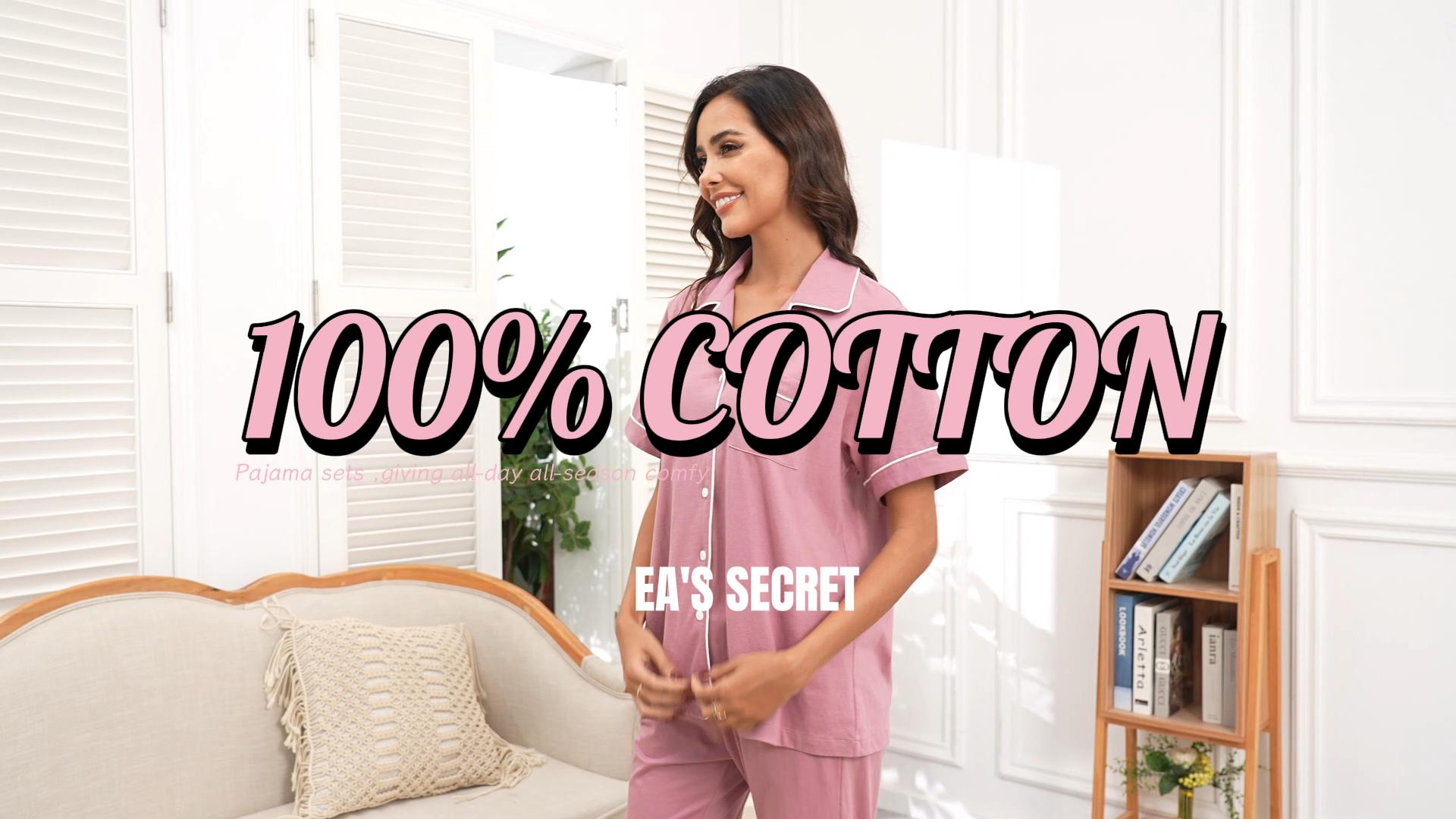 thumbnail video image 2 of EA'S SECRET 100% Cotton Women's Pajama Sets Short Sleeve Button Down Capri Nightwear V Neck Pjs Sleepwear with Pockets(Black,M), 2 of 7