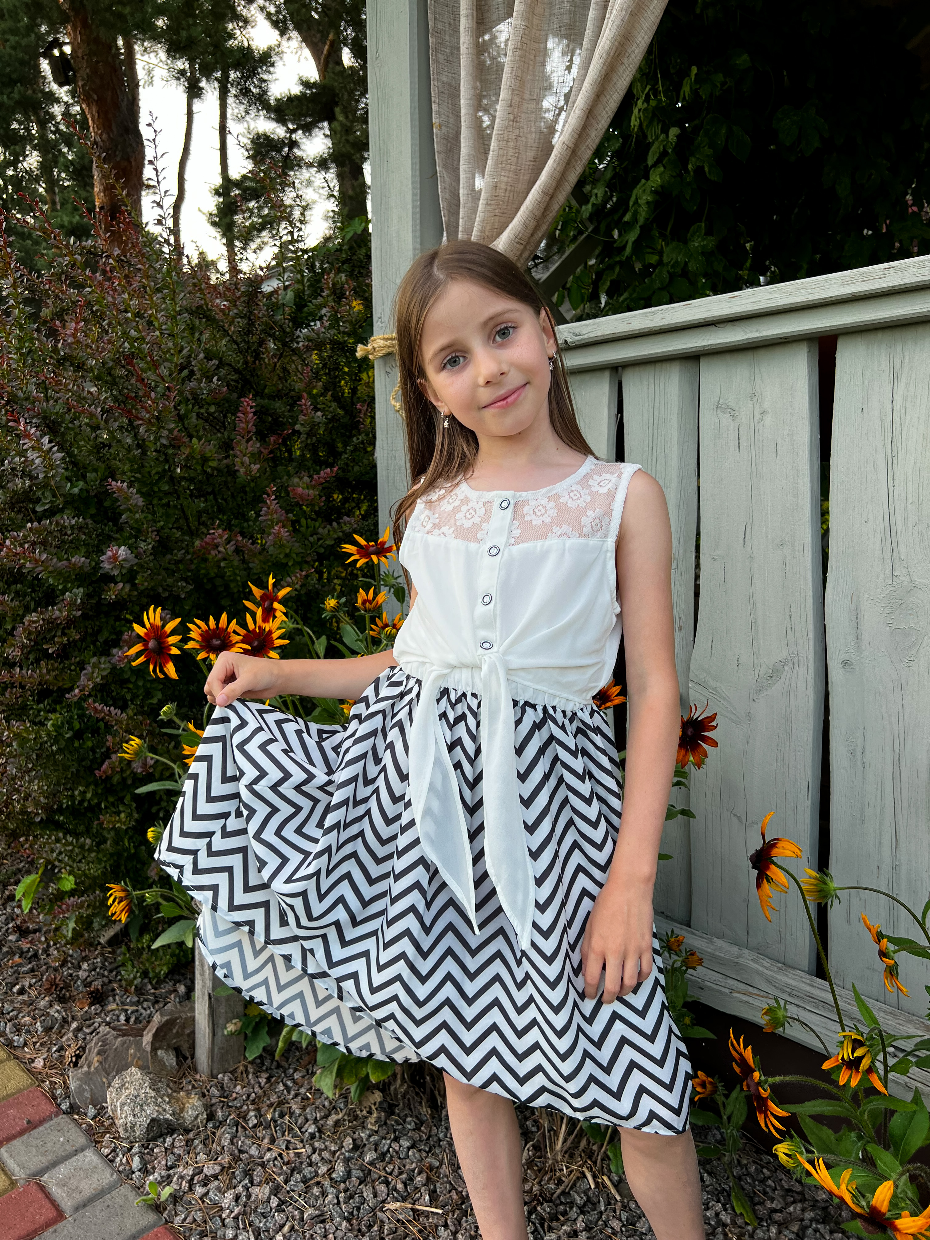 thumbnail video image 2 of Girls Dress Lace To Chiffon Striped Black White Tied Waist 10, 2 of 6