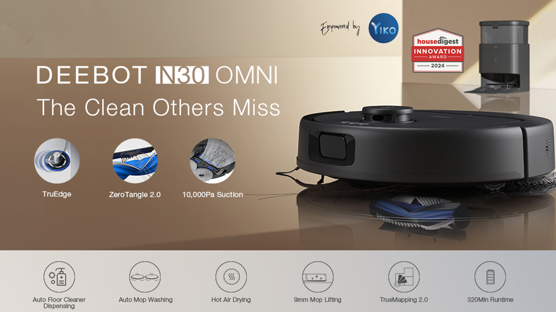 thumbnail video image 2 of ECOVACS DEEBOT N30 PRO OMNI Robot Vacuum and Mop - 10000Pa, ZeroTangle Technology, TruEdge Adaptive Edge Mopping, Auto-Mop Lifting, 2 of 10