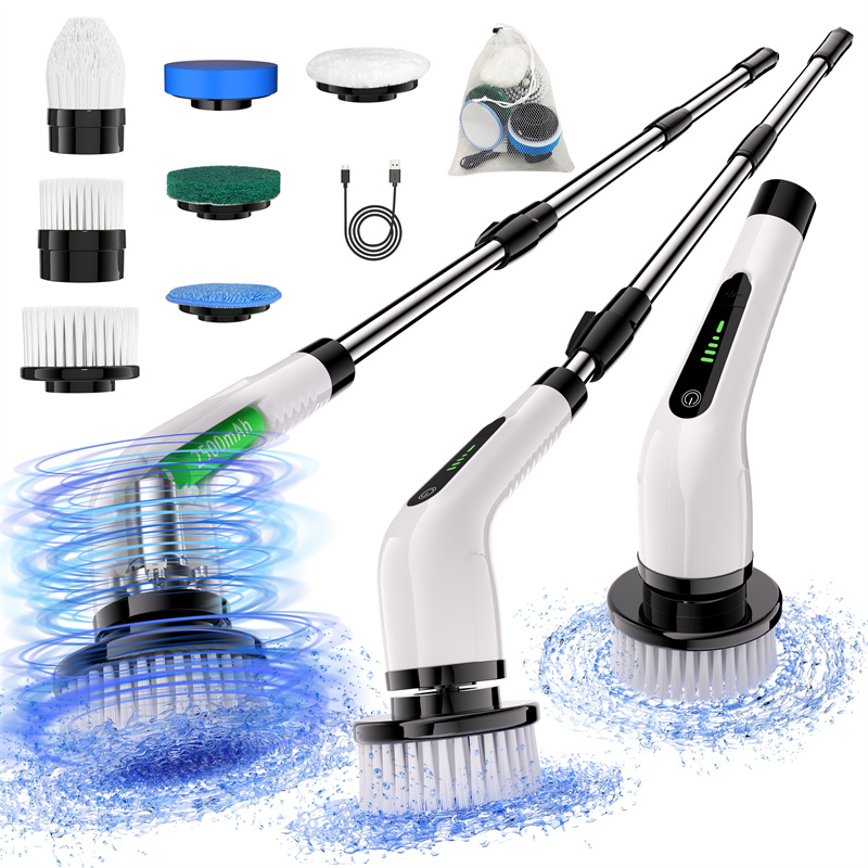 thumbnail video image 2 of Electric Spin scrubber with 5-cell battery indicator, electric cleaning brush with 7 different replacement brush heads and detachable telescopic pole, 2 of 8