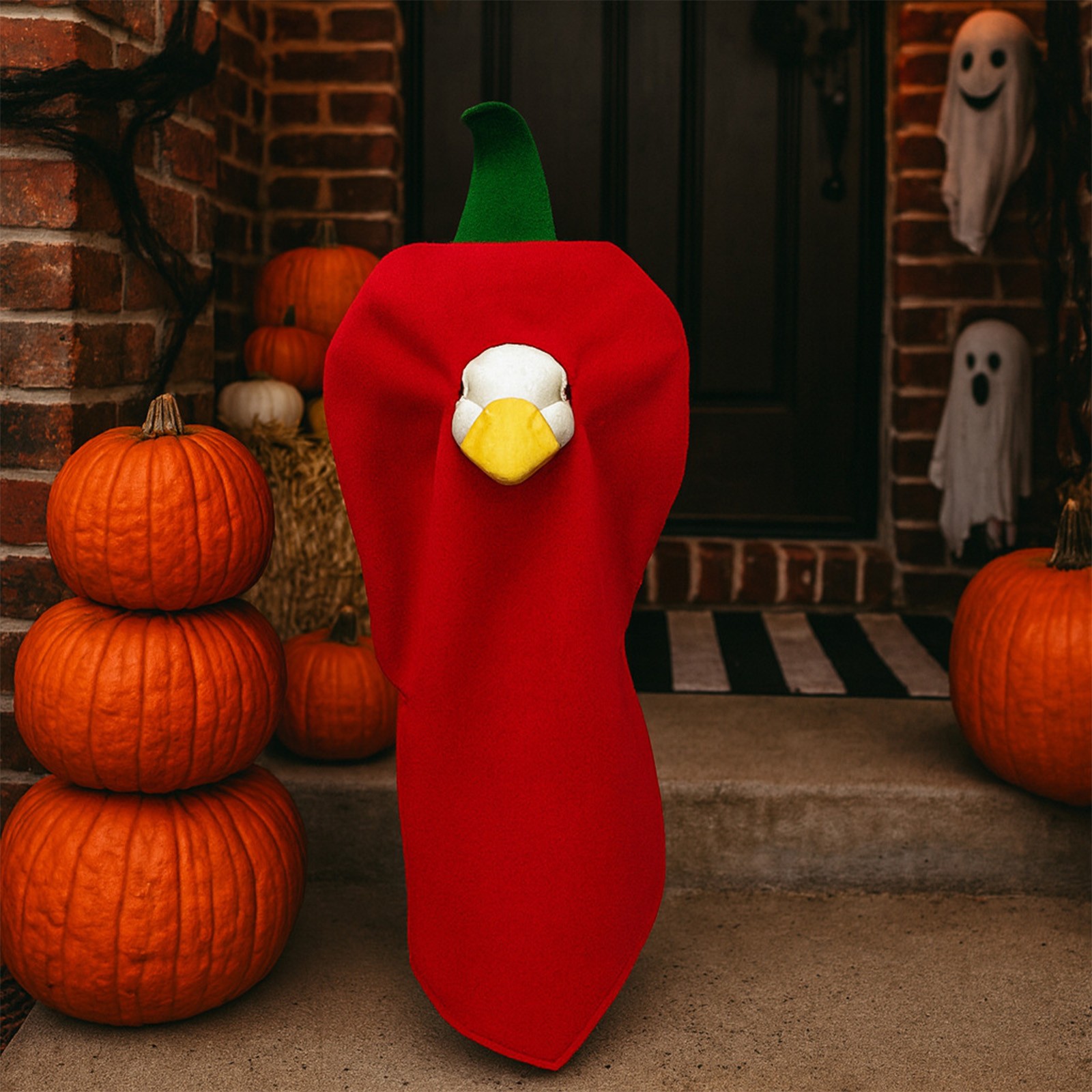 thumbnail video image 2 of Yellow Porch Goose Costume - Chili Pepper Banana Accents, Funny Halloween Yard Decor, Quirky Fabric Outfit, Durable Outdoor Ornament for Festival & Holiday Parties, 1pc, 2 of 7