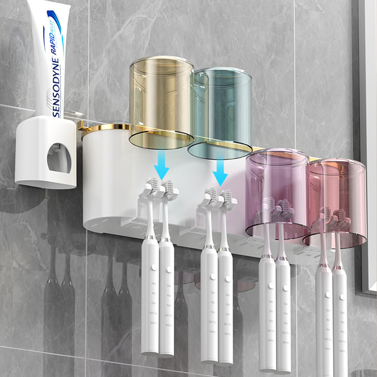 thumbnail video image 2 of Multifunctional Wall Mount Toothbrush Holder Rack Organizer Automatic Toothpaste Dispenser Squeezer with Magnetic Cups 5 Toothbrush Slots Accessory Storage, 2 of 15
