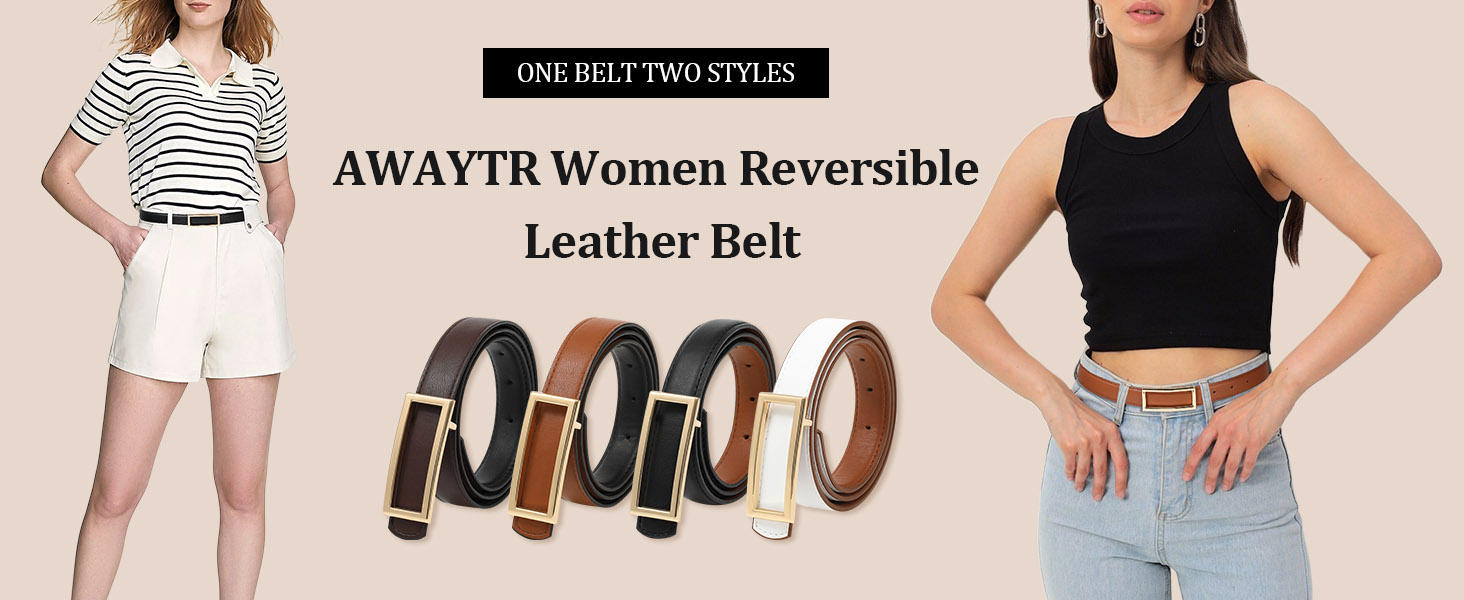 thumbnail video image 2 of AWAYTR Women Reversible Leather Belt - Two-in-One Women Skinny Belt for Causal Jeans, 2 of 6