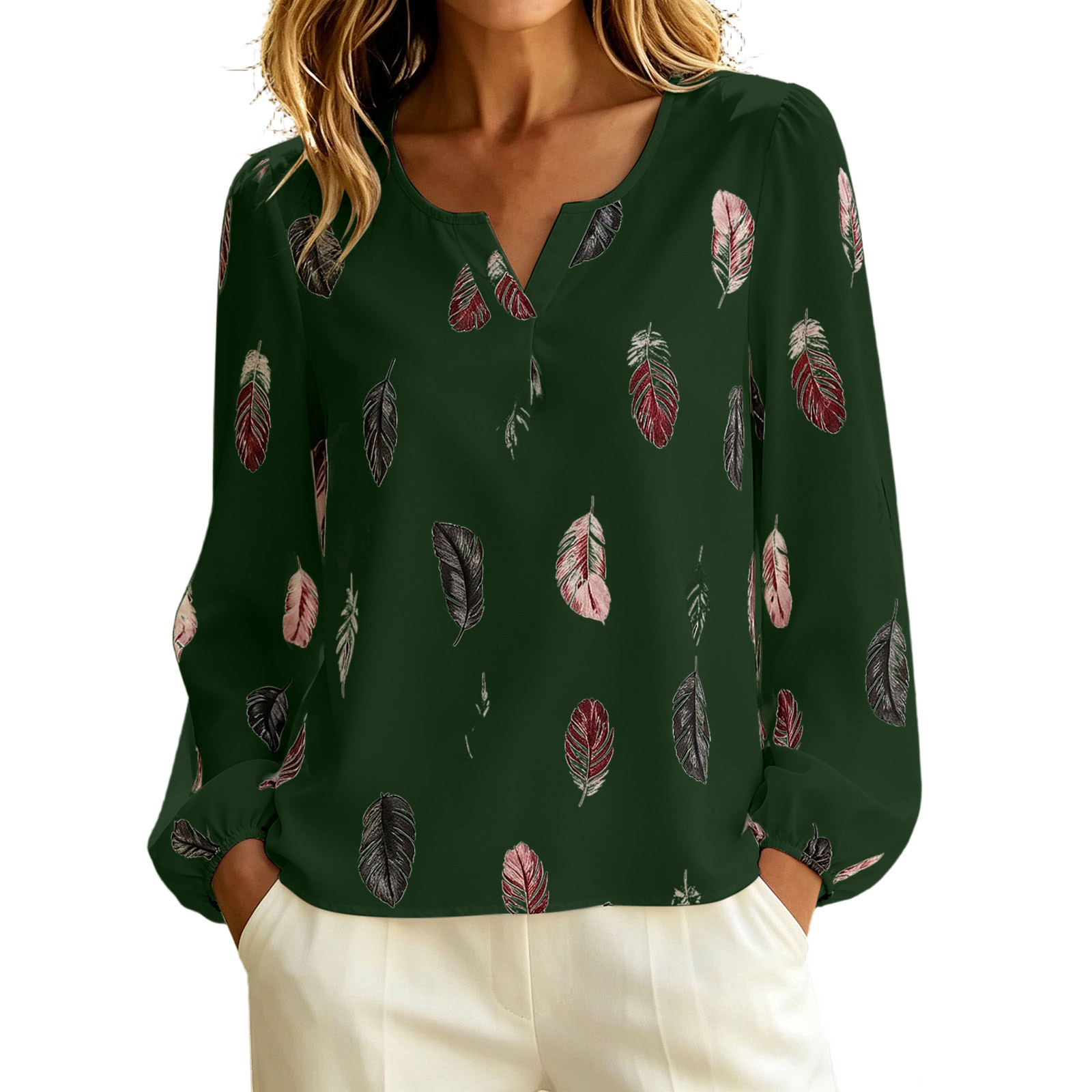 thumbnail video image 2 of DeHolifer Womens Shirts Oversized V-Neck Casual Printed Long Sleeve Loose Fall Plus Size Blouse Tops Green 4XL, 2 of 6