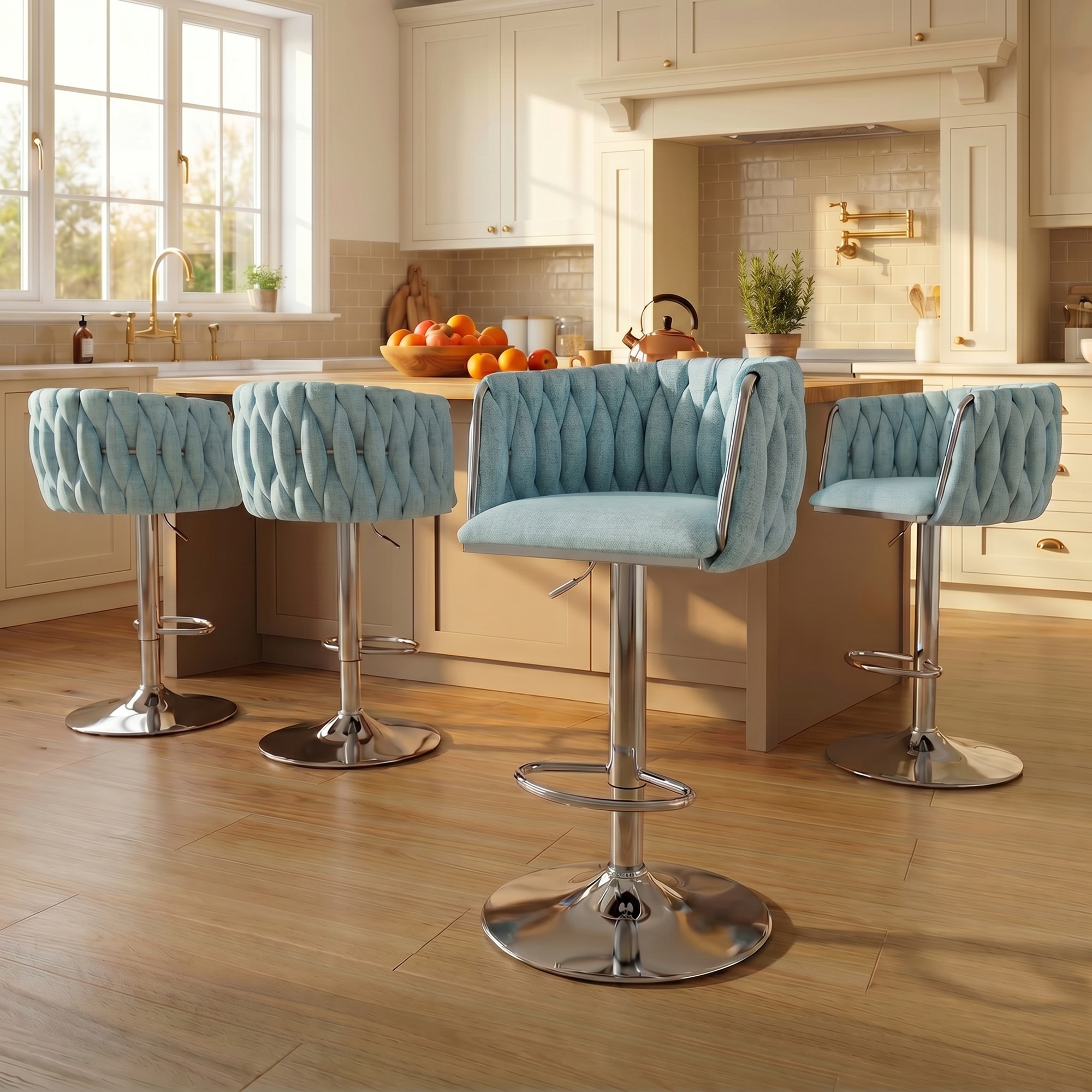 thumbnail video image 2 of Peispie Counter Height Bar Stools Set of 4, 25.6"-31.5" Adjustable Swivel Woven Velvet Bar Chairs with Chrome Base for Kitchen Island, Low Back Barstools for Adult, Beige, 2 of 10