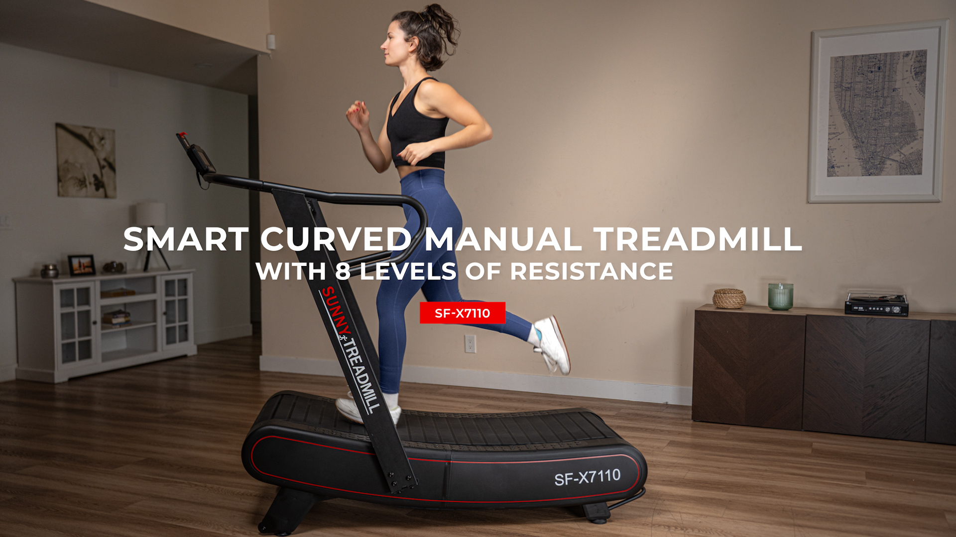 thumbnail video image 2 of Sunny Health & Fitness Smart  Manual Curved Treadmill, Non-Motorized, High-Intensity with 8 Levels of Magnetic Resistance - SF-X7110, 2 of 10