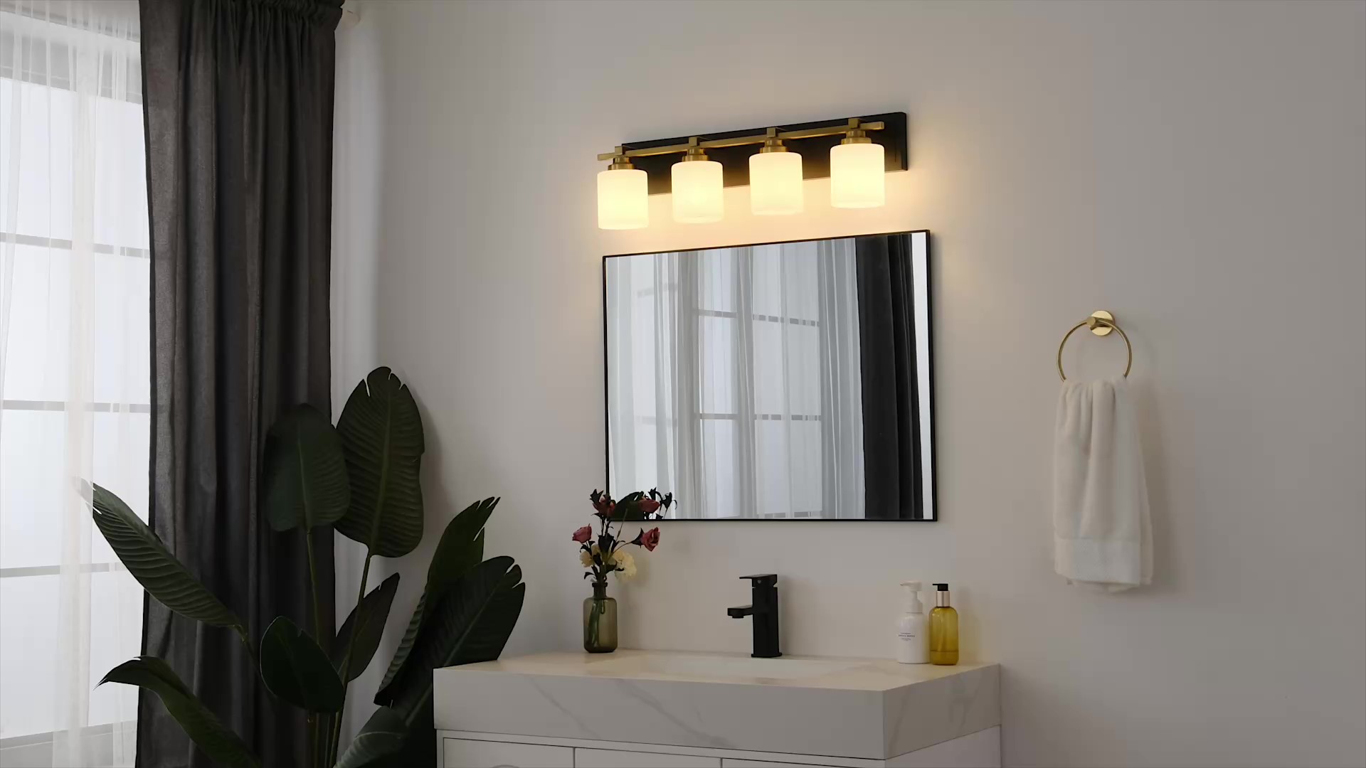 thumbnail video image 2 of SineRise 4 Light Modern Bathroom Vanity Fixture, Brass Finish, Milky White Glass Shades, E26 Socket (Bulbs Not Included), 2 of 9