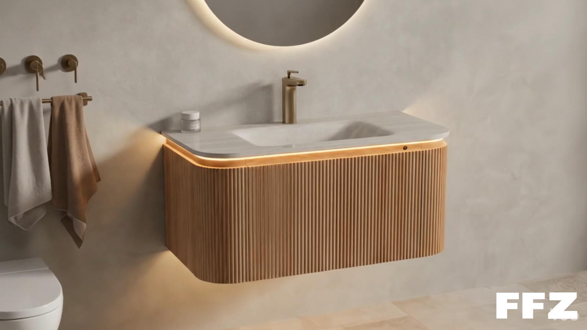thumbnail video image 2 of FFZ 36 inch Floating Bathroom Vanity Sink Curved Cabinet with Drawer Sensor Light, Natural Woodgrain, 2 of 15