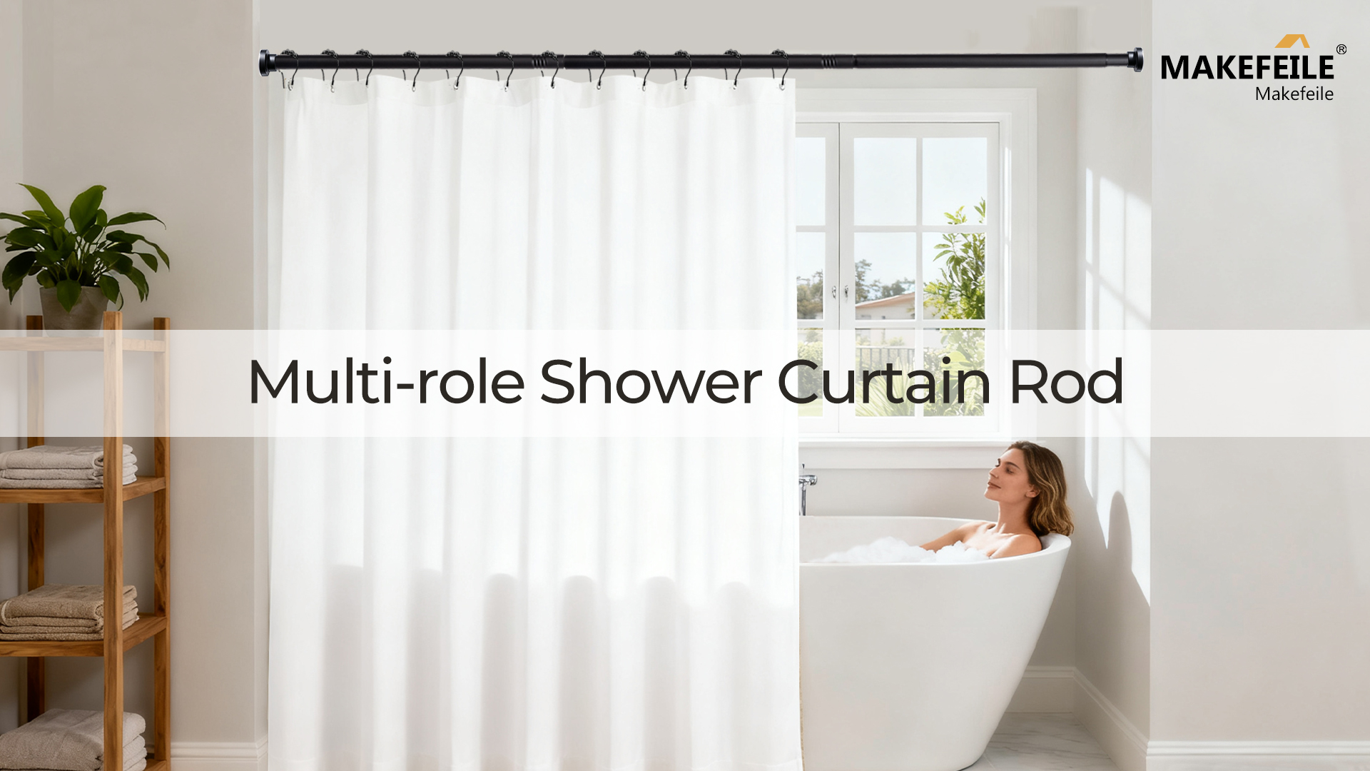 thumbnail video image 2 of MaKefeile Shower Curtain Rod 61-70 Inch Adjustable Metal Spring Tension Rod No Drill Curtain Rods for Window Bathroom Kitchen,White, 2 of 11