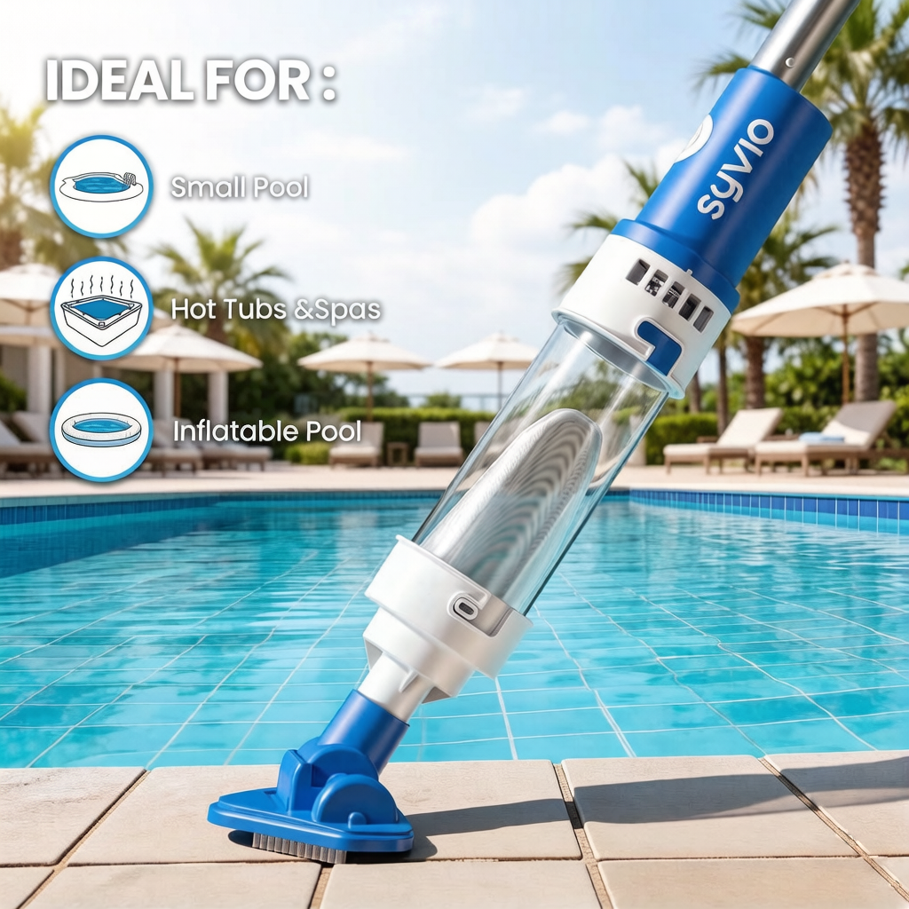 thumbnail video image 2 of SYVIO 2-in-1 Cordless Handheld Pool Vacuum, Rechargeable Pool & Spa Cleaner with Telescopic Pole (78.8”), 60 Min Runtime, Ideal for Above Ground Pools, Hot Tubs & Small Pools, 2 of 8