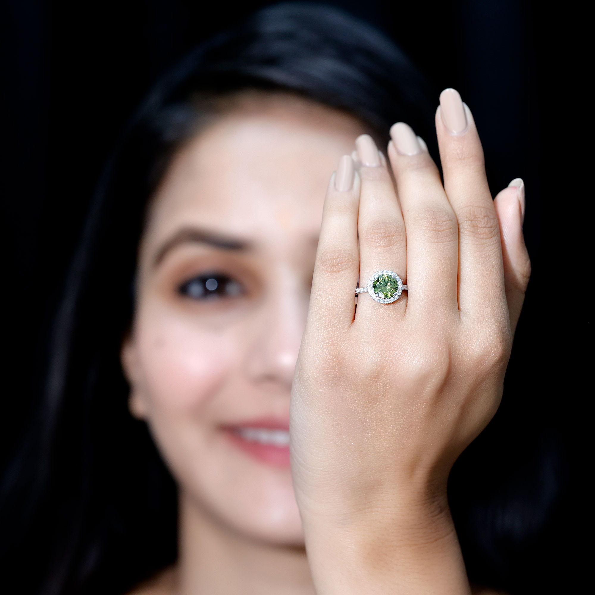 thumbnail video image 2 of Rosec Jewels Lab Created Green Sapphire Ring with Moissanite Halo for Women (AAAA Quality), 14K White Gold, US 11.00, 2 of 8