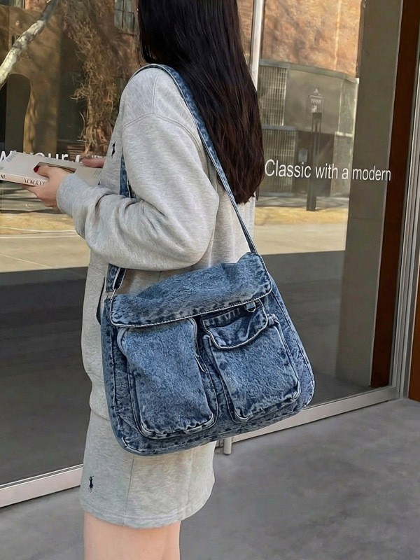 thumbnail video image 2 of Sunyuer Women Vintage Washed Denim Crossbody Bag, Multi Pocket Large Capacity Messenger Bag, Casual Adjustable Strap Shoulder Purse, Retro Daily Commute Flap Handbag, 2 of 8