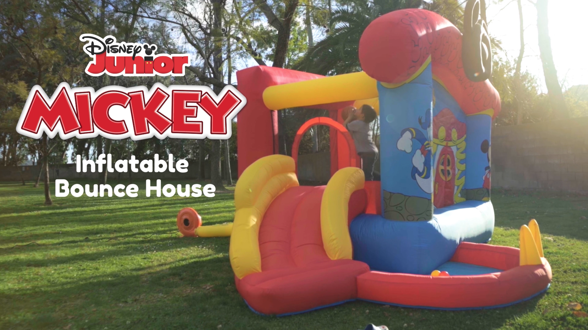 thumbnail video image 2 of Disney Mickey Mouse Funhouse Outdoor Bounce House with Slide and Ball Pit - Plus Heavy Duty Air Blower with GFCI - Kids Ages 3-8 Years, 2 of 7