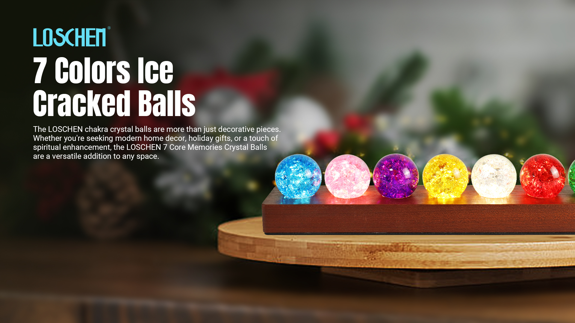 thumbnail video image 2 of LOSCHEN 7 Colors Ice Cracked Balls, Core Memories Crystal Balls with LED Sapele Wood Base, Natural Healing Spheres Set for Home Living Room Meditation Positive Energy Decoration Balls, 2 of 9