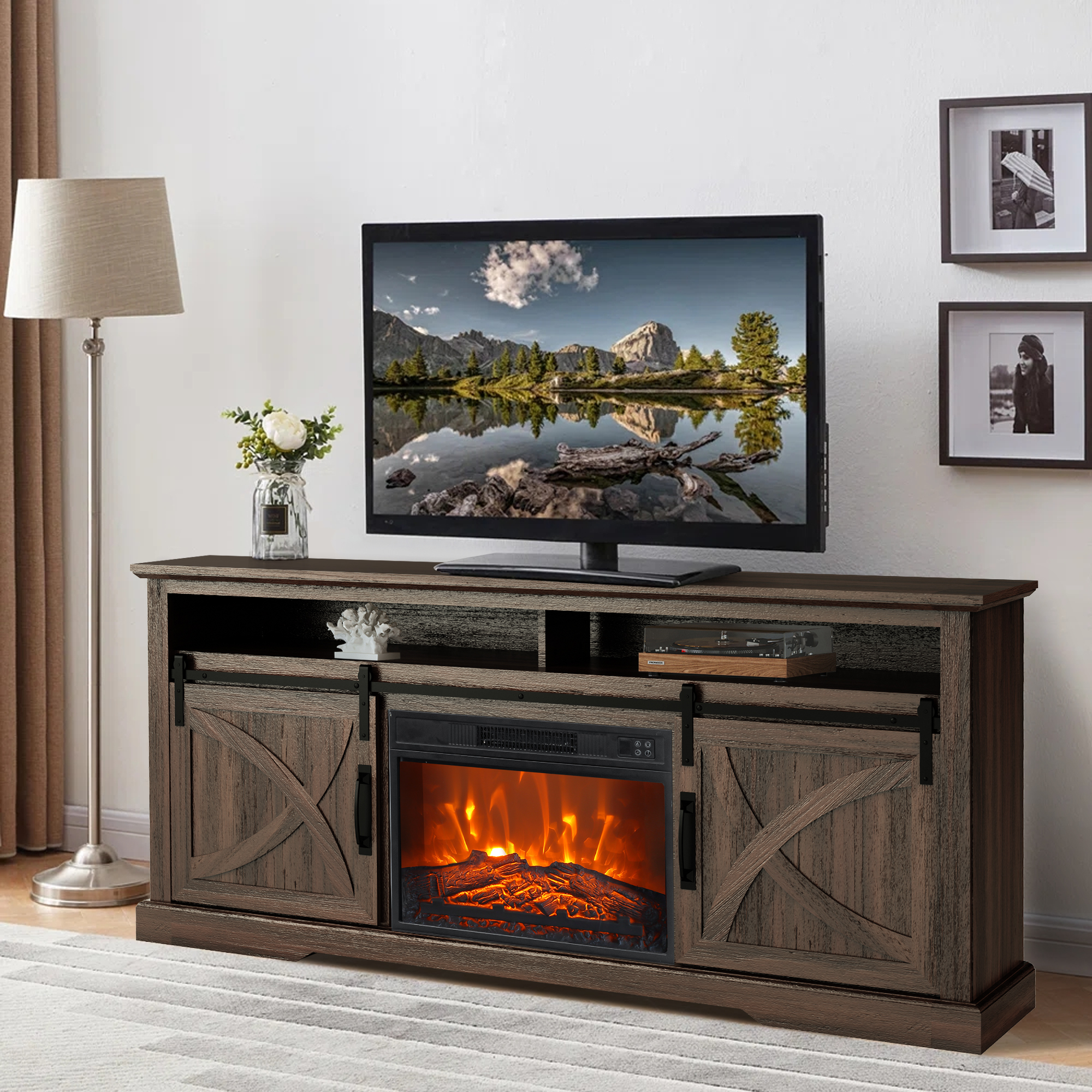 thumbnail video image 2 of IHOMEadore Electric Fireplace TV Stand up for 65" TVs, Rustic Media Console with Storage, Adjustable Shelves, Heater, 2 of 12