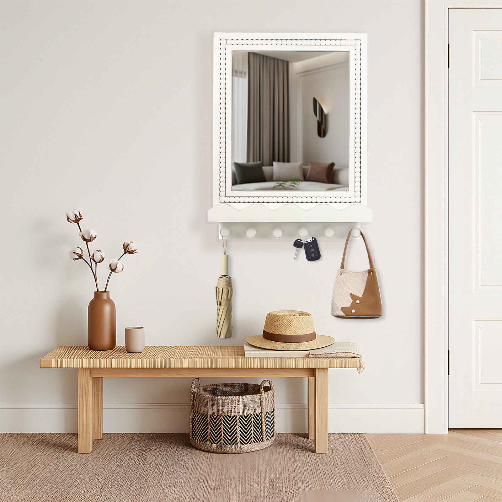 thumbnail video image 2 of 16x12 Inch Wall Mount Beaded Wood Framed Mirror with Shelf and 6 Hooks, White Decorative Entryway Mirror with Storage for Laundry Room, Bathroom, Bedroom, 2 of 10