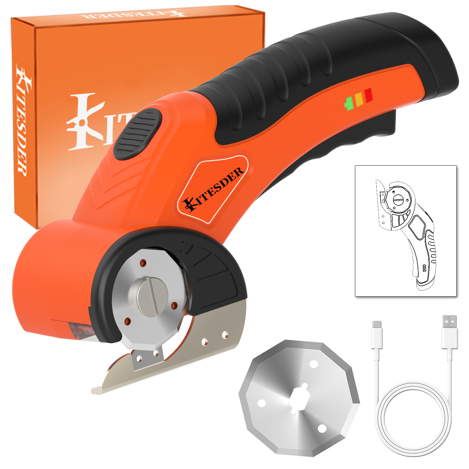 thumbnail video image 2 of 4V Cordless Electric Scissors, Rechargeable Box Cutter with Safety Lock & LED Light – Power Shears for Cardboard, Fabric, Carpet, Leather, Plastic, 2 of 6