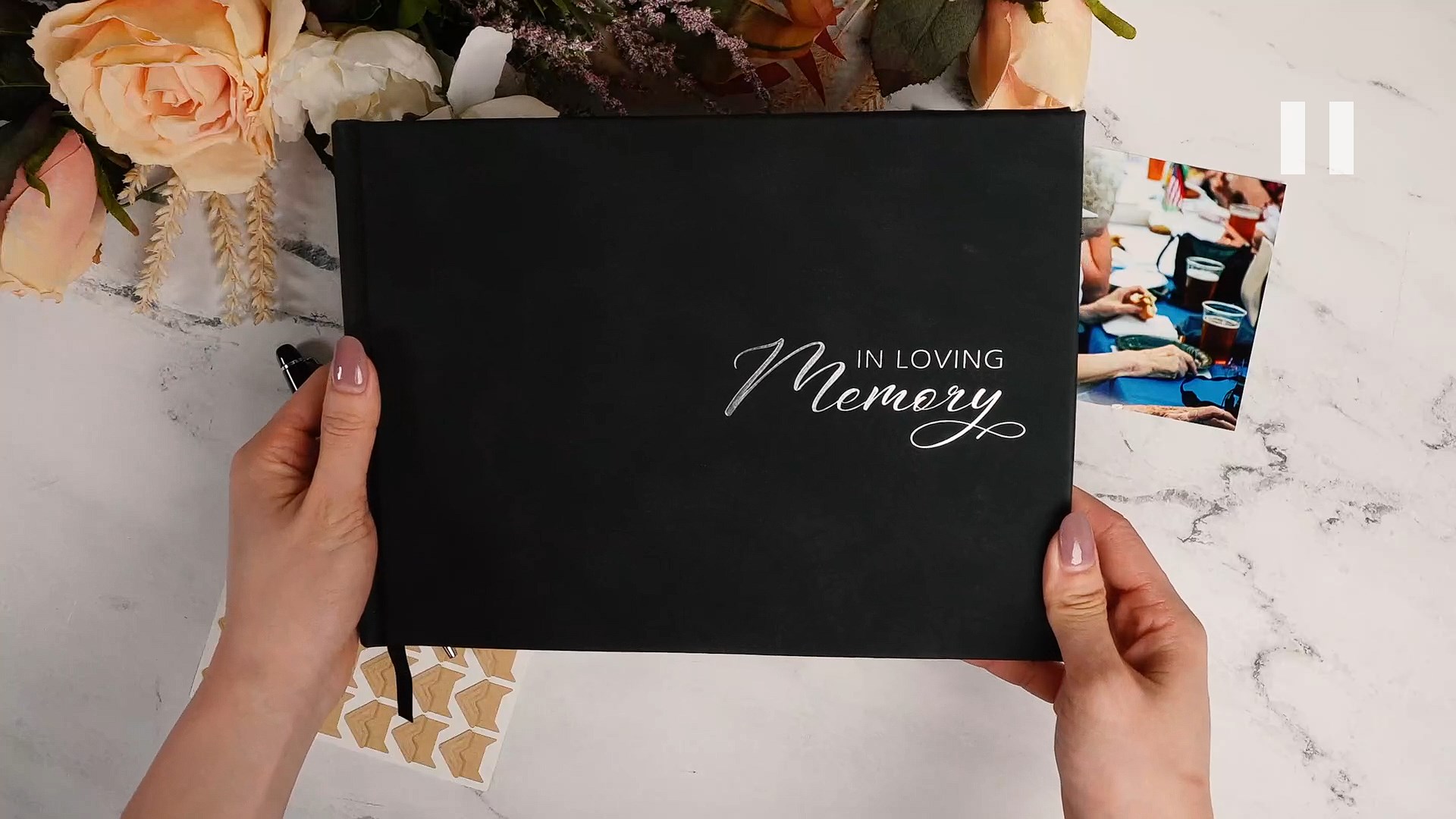 thumbnail video image 2 of MUUJEE In Loving Memory Funeral Guestbook w/Pen & Box (Design 1) - Celebration of Life Wake Memorial Service Registry Book for Guest Signing, 120 lined Pages, Silver Embossed, Black Hardcover, 7"x9.5, 2 of 7