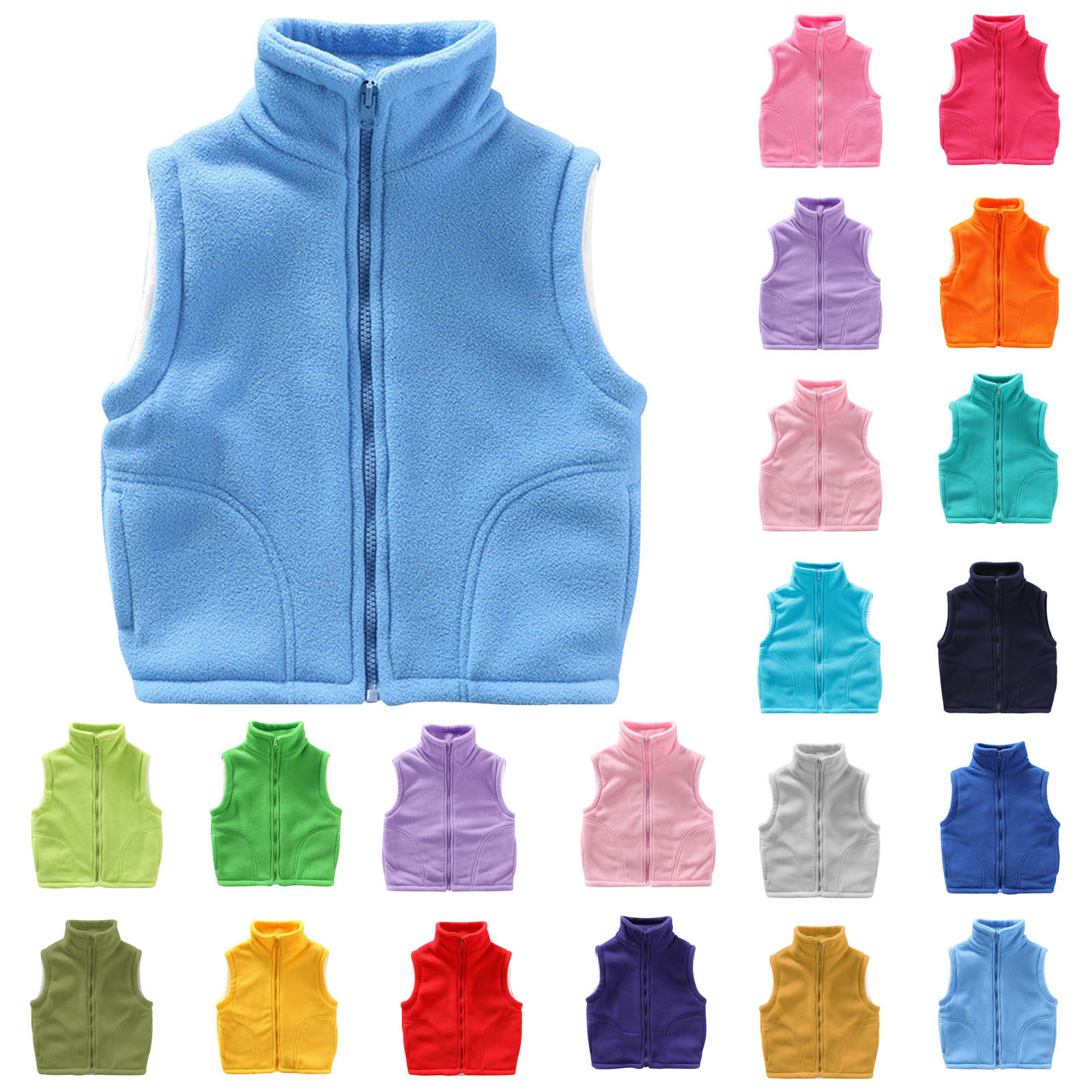 thumbnail video image 2 of HAOTAGS Kids Fleece Zipper Vest,Stand Collar Solid Warm Thickened Fleece Vest Light Blue 5-6Years, 2 of 6