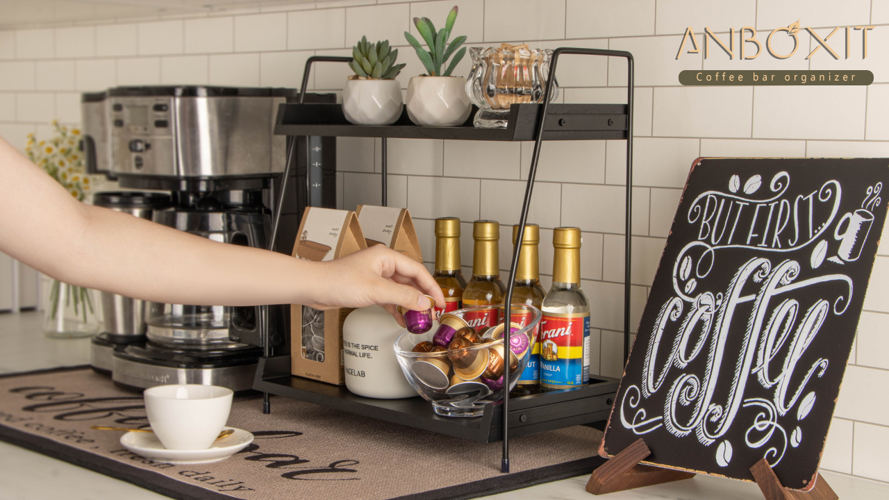 thumbnail video image 2 of ANBOXIT Countertop Coffee Station Organizer, 2 Tier Wooden Shelf for Coffee Bar Accessories, Condiment Storage Caddy for Kitchen, Home, Office - Black, 2 of 7