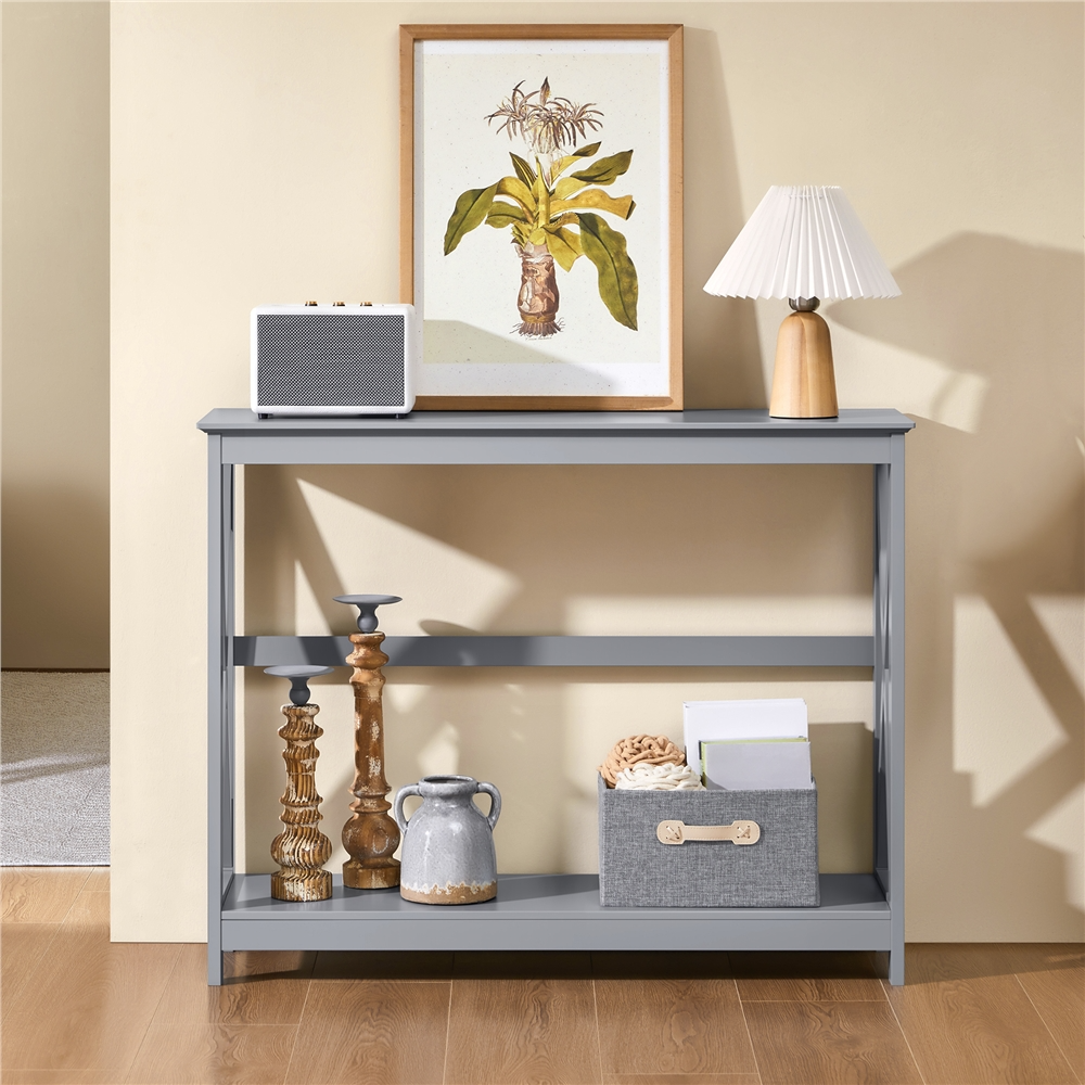 thumbnail video image 2 of Alden Design 2-Tier X Design Wood Console Table with Shelf for Entryway Living Room, Gray, 2 of 11