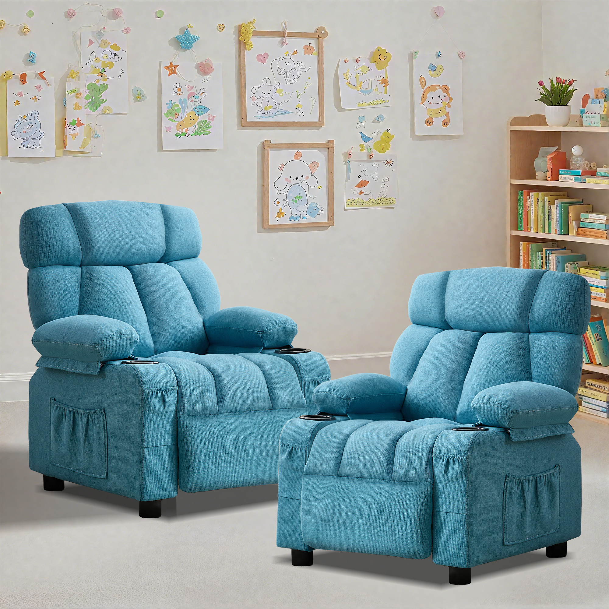 thumbnail video image 2 of JONPONY Kids Recliner Chair,Push Back Toddler Recliner with Cup Holders & Side Pockets,Adjustable Footrest & Headrest Kids Sofa for Boys Girls 3+ Age Group, Light Blue, 2 of 11