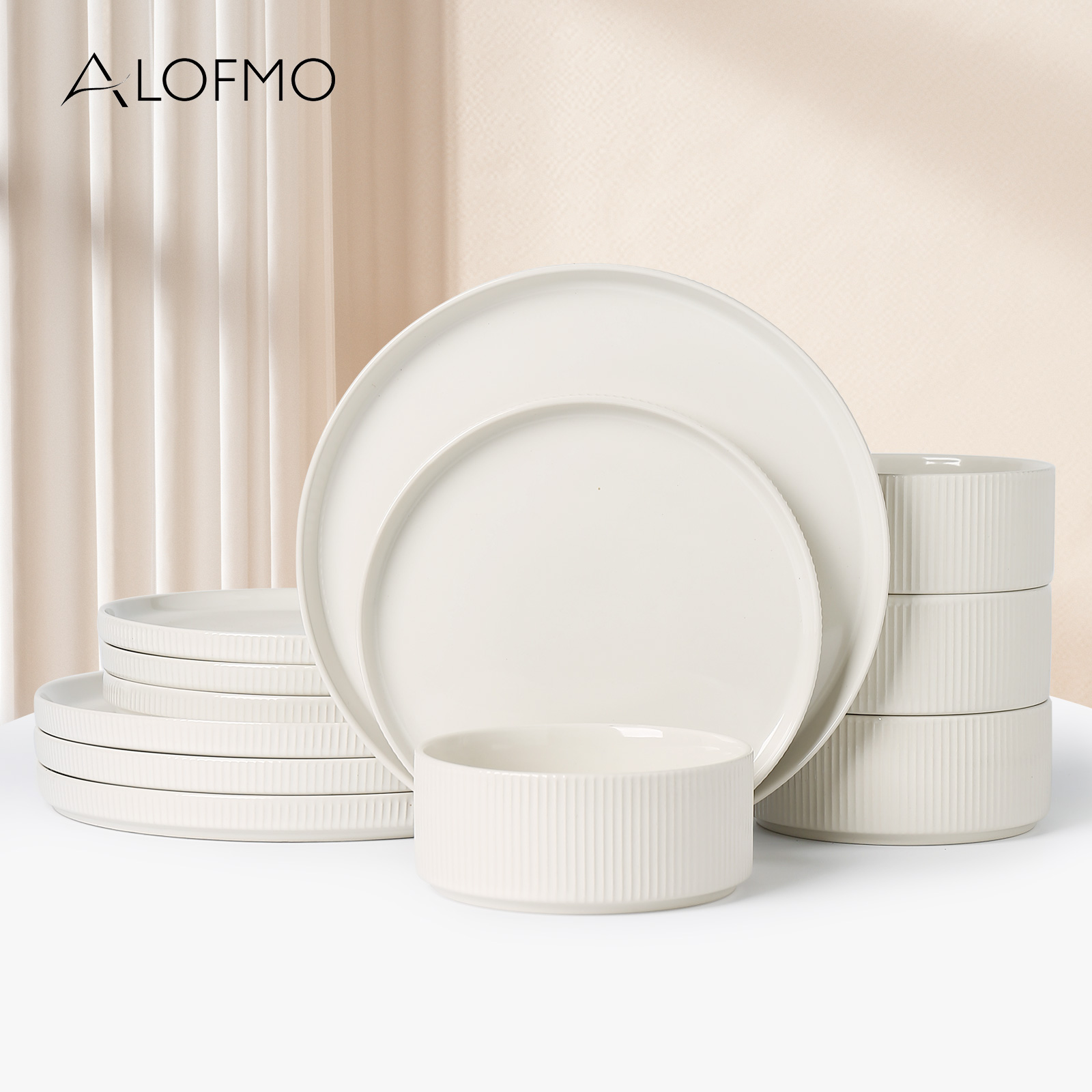 thumbnail video image 2 of ALOFMO Stoneware Dinnerware Sets, Plates and Bowls Sets, Dish Set for 4, 12 Piece Dinner Set, Plate Sets for Kitchen, White, 2 of 12