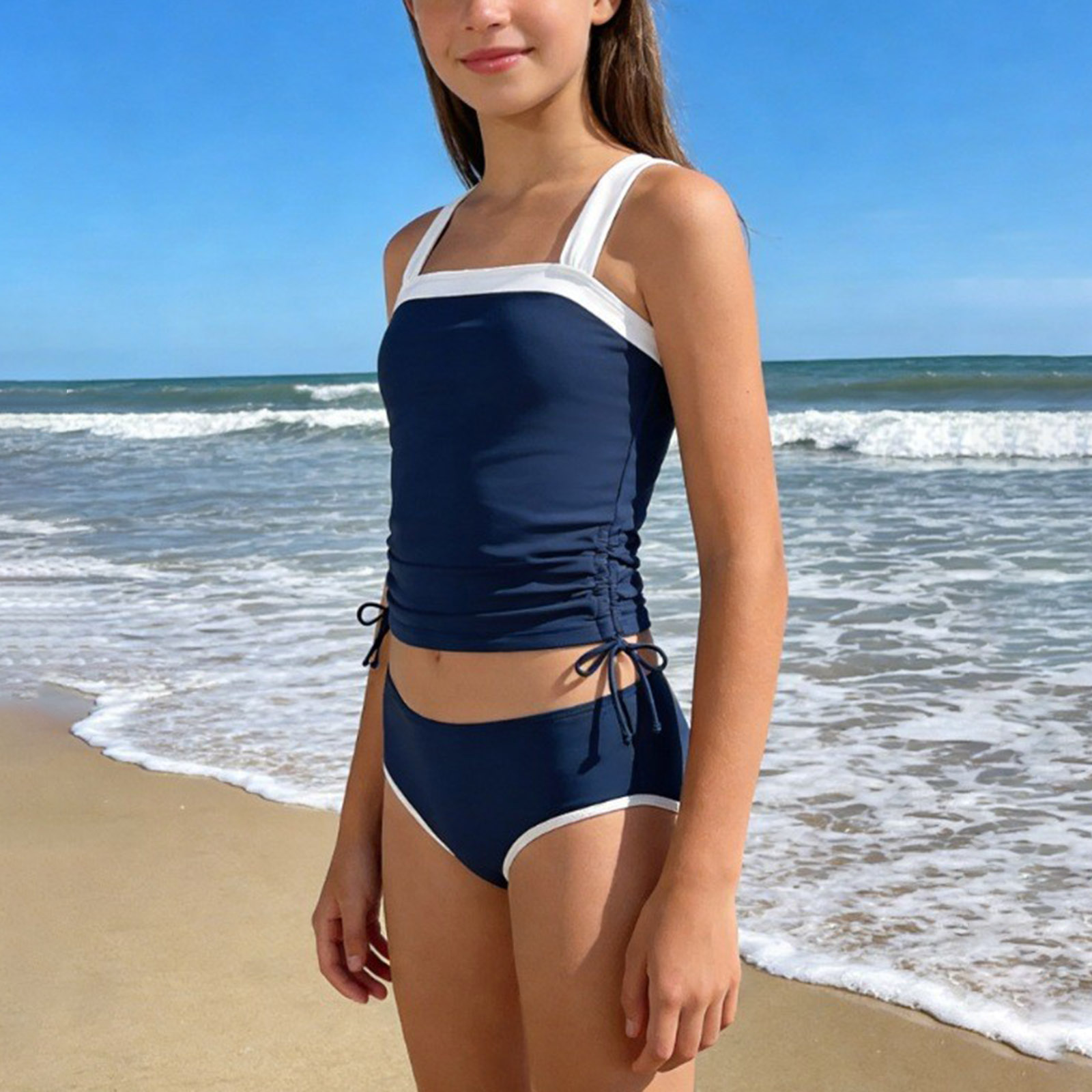 thumbnail video image 2 of HCNTES Girls Tankini Swimsuit Solid Ruched Side Square Neck Top with Tropical Printed Shorts 2 Piece Girls Bathing Suits(Black,15-16 Y), 2 of 6