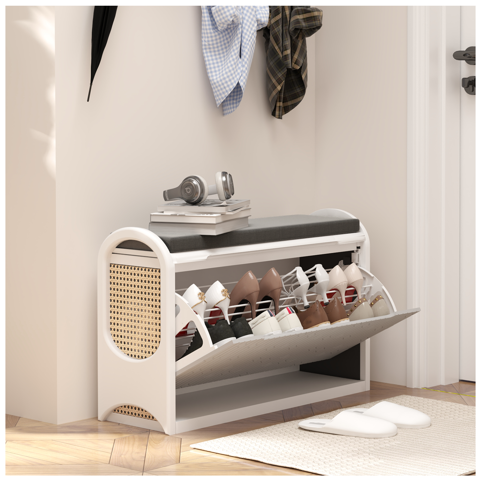 thumbnail video image 2 of JOINICE Modern Shoe cabinet with Flip Door,1.2 inch seat cushion, for Entryway,Living Room,white, 2 of 8