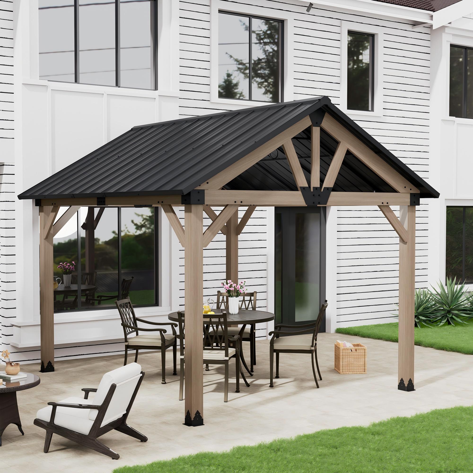 thumbnail video image 2 of Mondawe 10'x12' Wood Gazebo Cedar Framed Wooden Gazebo Patio Steel Hardtop Gazebo with Galvanized Steel Gable Hardtop Roof for Patio Lawn Backyard, 2 of 11