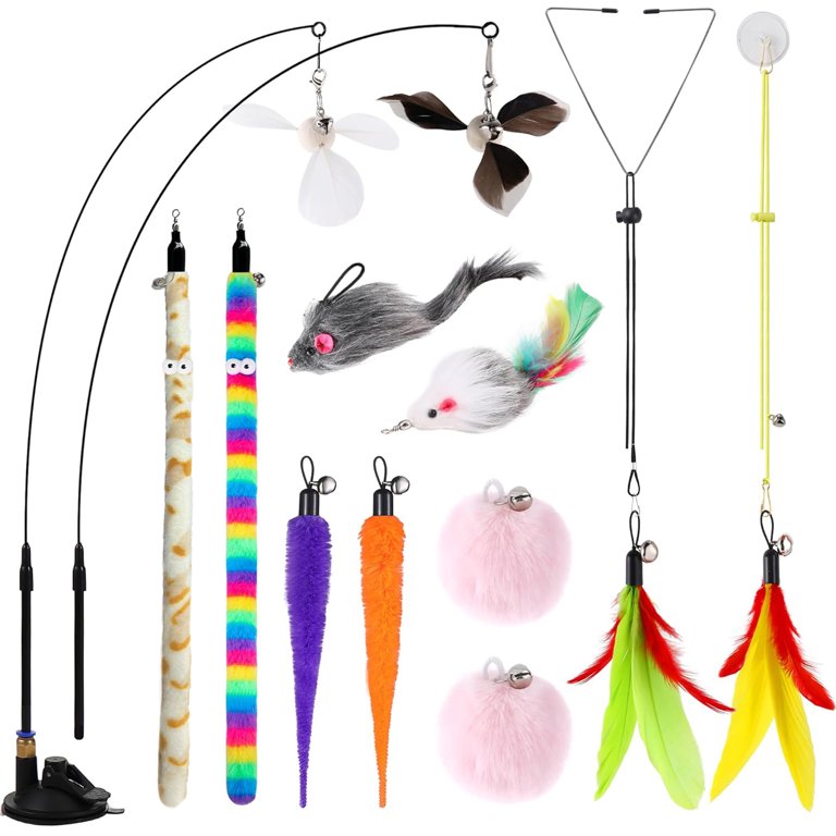 Urru 4-in-1 Interactive Cat Feather Toys,12Pcs Durable Teaser Cat Toy Replacements,Enhanced Suction Cup Cats Wand Toy,2 Types Door Hanging Cat String Urru 4-in-1 Interactive Cat Feather Toys,12Pcs Durable Teaser Cat Toy Replacements,Enhanced Suction Cup Cats Wand Toy,2 Types Door Hanging Cat String