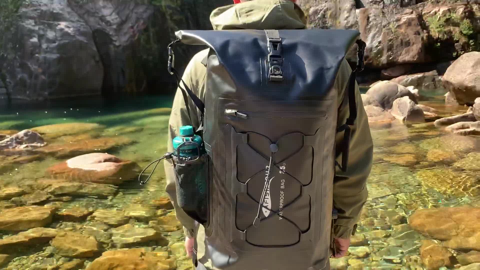 thumbnail video image 2 of AFISHTOUR Waterproof Backpack, 35L Roll-Top Floating Dry Bag Backpack for Kayaking, Hiking (Black), 2 of 10