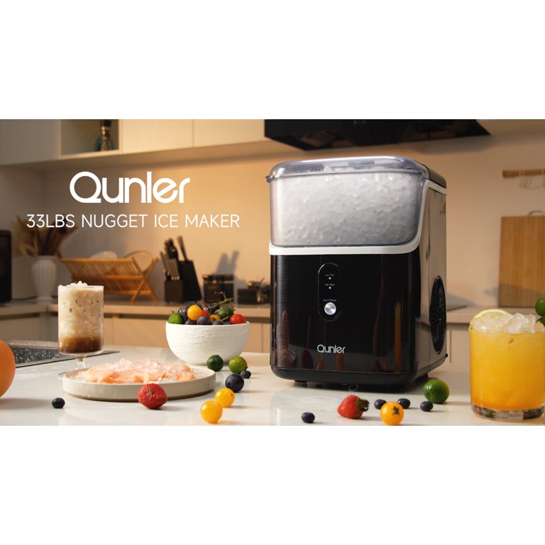 Qunler Nugget Ice Maker Countertops, 33lbs Per Day Portable Pebble ice machine, Crushed Sonic ice maker with Soft Chewable Ice for Home, Party, RV, Camping, Stainless Steel Black