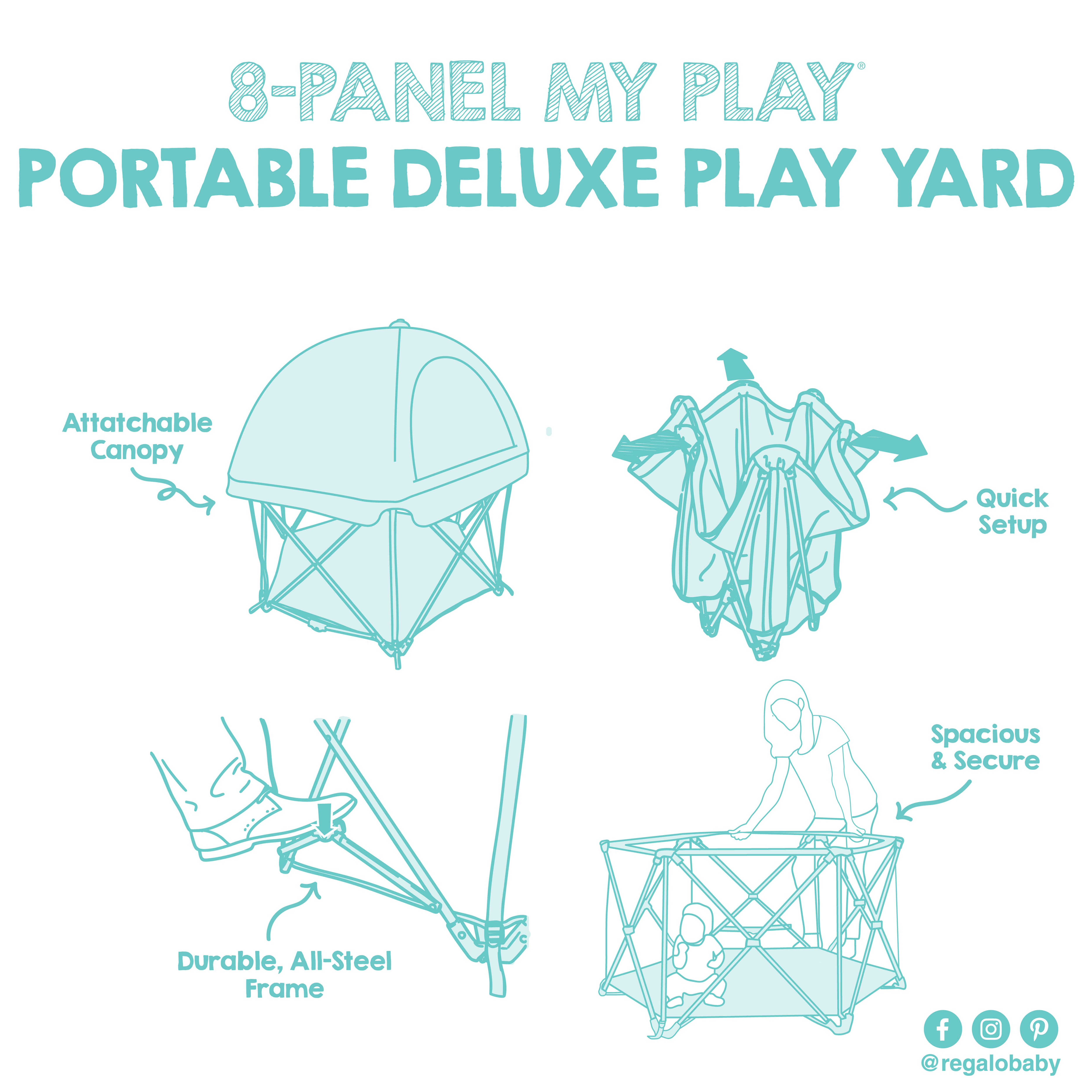 thumbnail video image 2 of Regalo My Play 8 Panel Foldable and Portable Play Yard with Full UV Canopy, Teal, 2 of 13