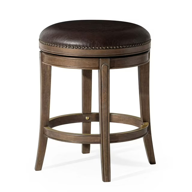 thumbnail video image 2 of Maven Lane Alexander 26 Inch Tall Counter Height Rotating Backless Stool in Walnut Finish with Marksman Saddle Vegan Leather Upholstered Seat, 2 of 7