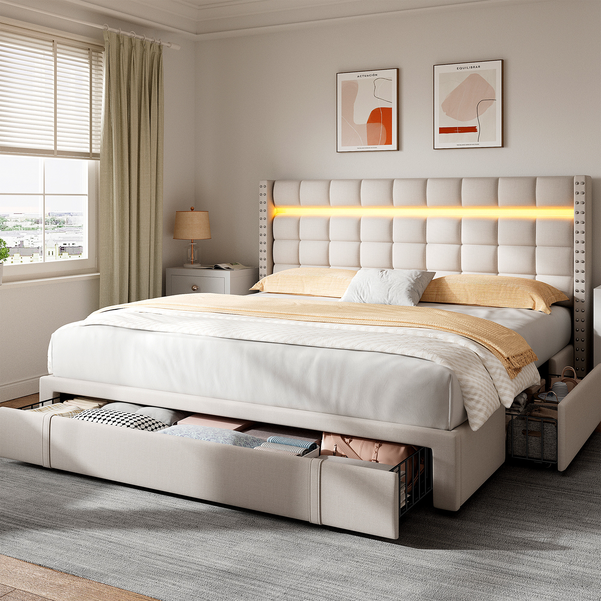 thumbnail video image 2 of EnHomee Full Size Bed Frame with 3 Storage Drawers Modern Metal Bed Frame with Wood Slats & Upholstered Adjustable Headboard Bed Frame Beige, 2 of 11