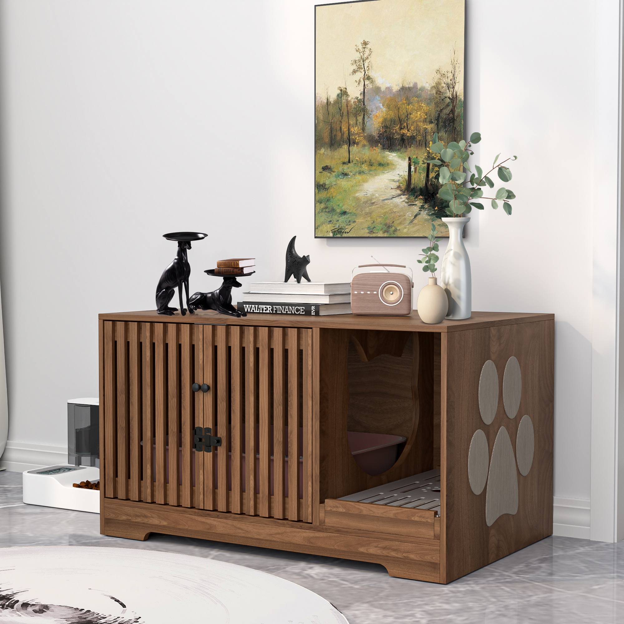 thumbnail video image 2 of Oubayajia Cat Litter Box Cabinet with Doors, Litter Box Furniture Hidden, Cat Washroom, Natural, 2 of 8