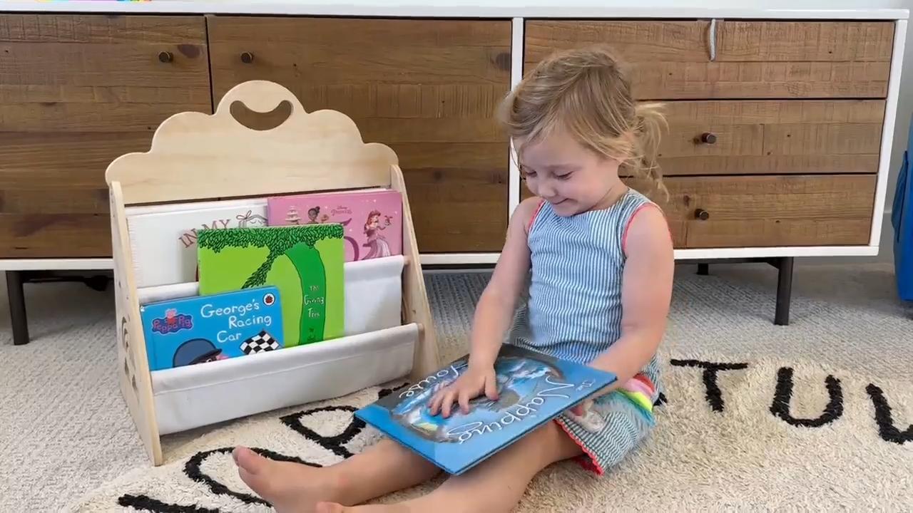 thumbnail video image 2 of Wood Kids Bookshelf, Montessori Bookshelf,Suitable Kids Rooms, Nursery & Classroom, Toddler Book Rack, Nursery Book Shelves, Kids Bookcase, The Perfect Nursery Organizer, 2 of 8