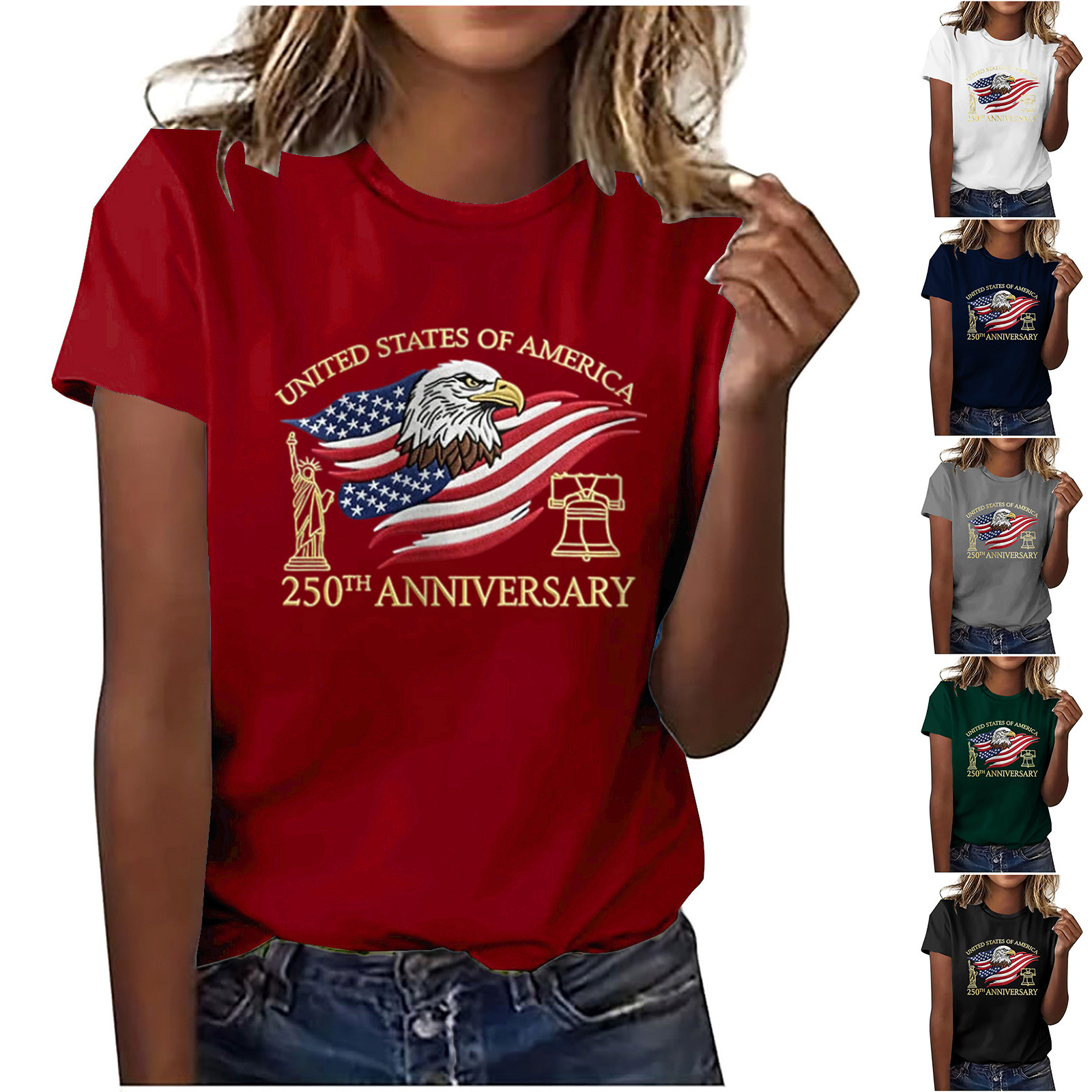 thumbnail video image 2 of Women Work Tops,Women's America 250th Anniversary T-Shirt, Non-Restrictive Fit Printed Short Sleeve Top, Soft Lightweight Texture, July 4th Parade, 1776-2026 Commemorative Celebration Gift, 2 of 9