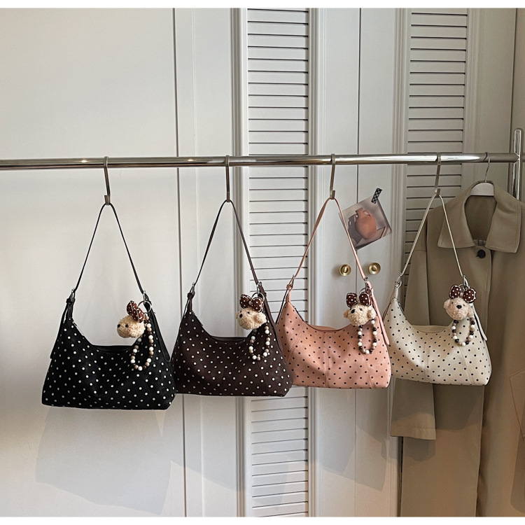 thumbnail video image 2 of SPEKSEE Vintage Polka Dot Hobo Shoulder Bag for Women, Large Capacity Casual Underarm Bag, Adjustable Strap Crossbody Handbag with Cute Pendant, Y2K Preppy Daily Purse, 2 of 9